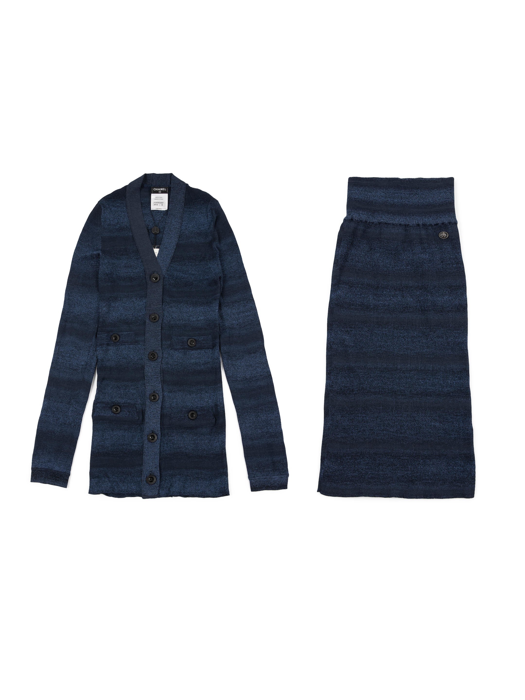 Appraisal: CHANEL SET OF NAVY STRIPED V-NECK CARDIGAN AND PENCIL SKIRT