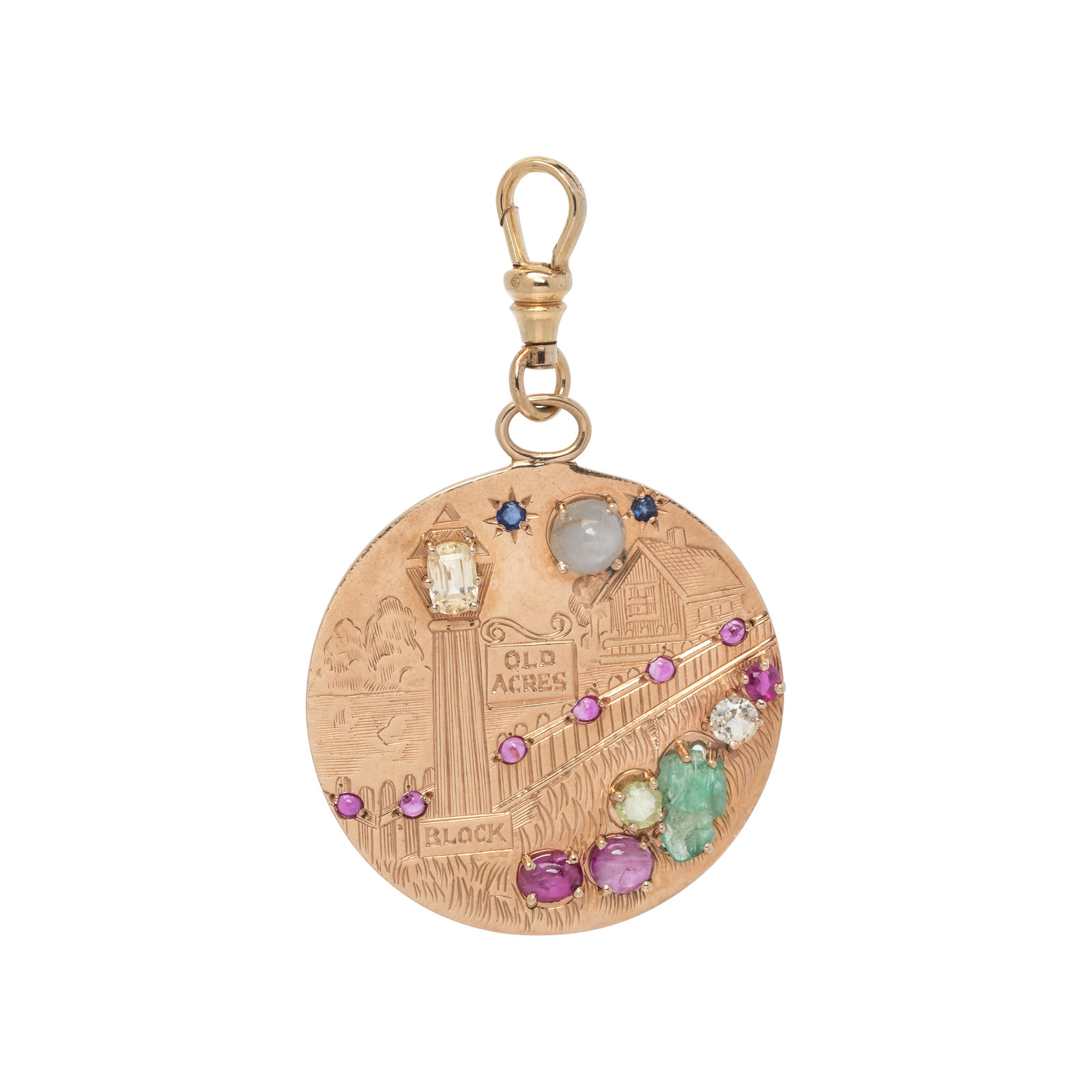 Appraisal: YELLOW GOLD AND MULTIGEM PENDANT Consisting of a disc charm