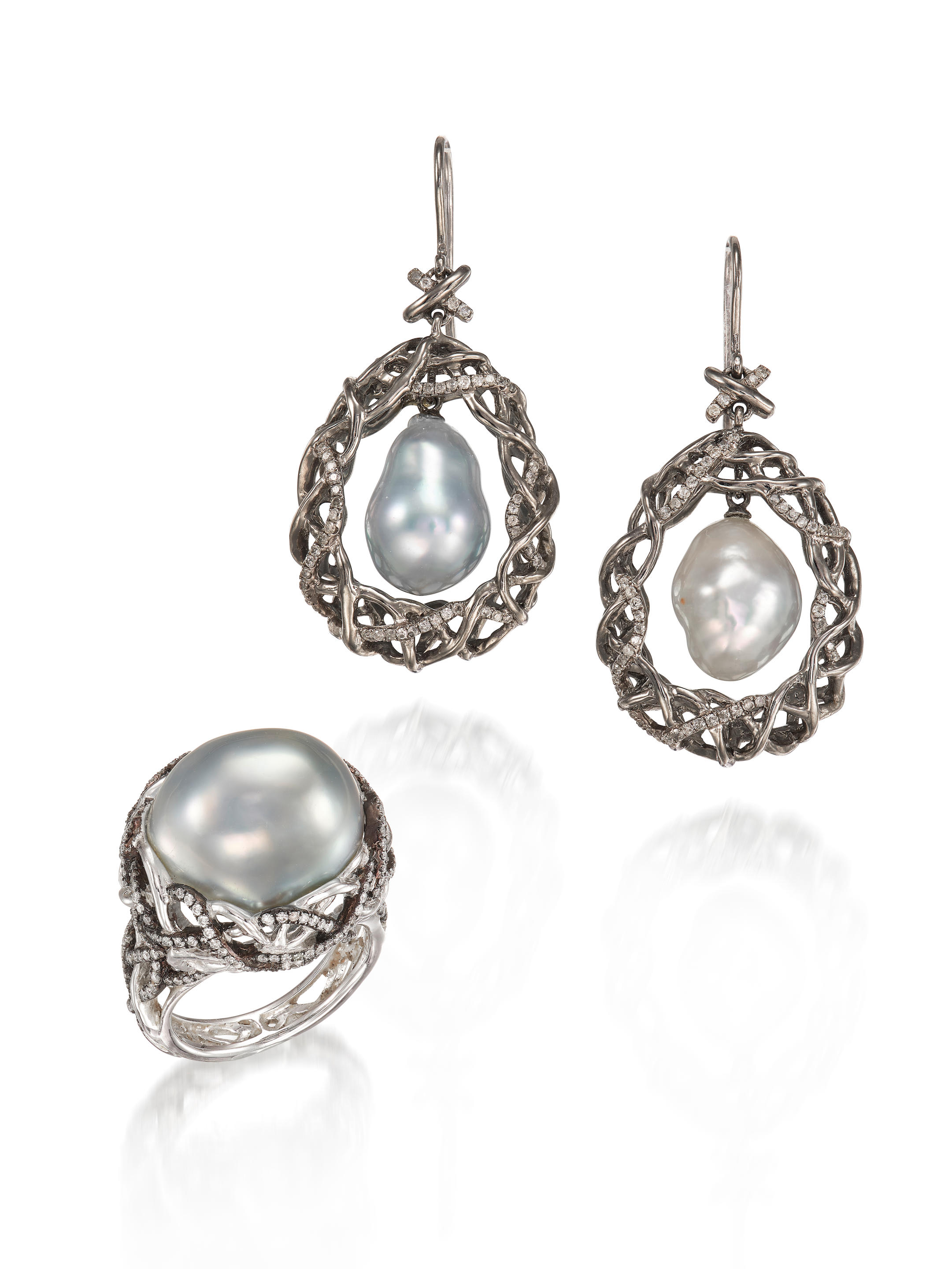 Appraisal: BAROQUE CULTURED PEARL AND DIAMOND RING AND EARRING SET Comprising