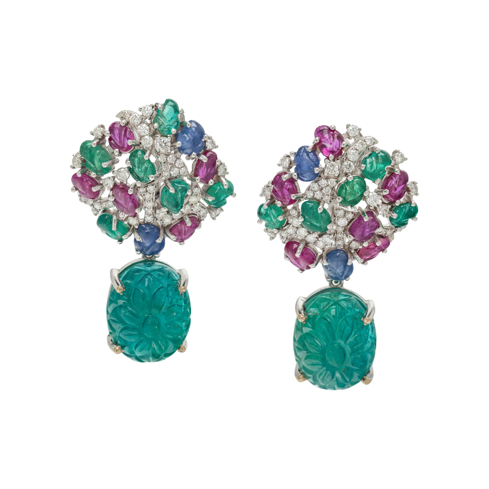 Appraisal: CARVED MULTIGEM AND DIAMOND EARCLIPS In a Tutti Frutti style