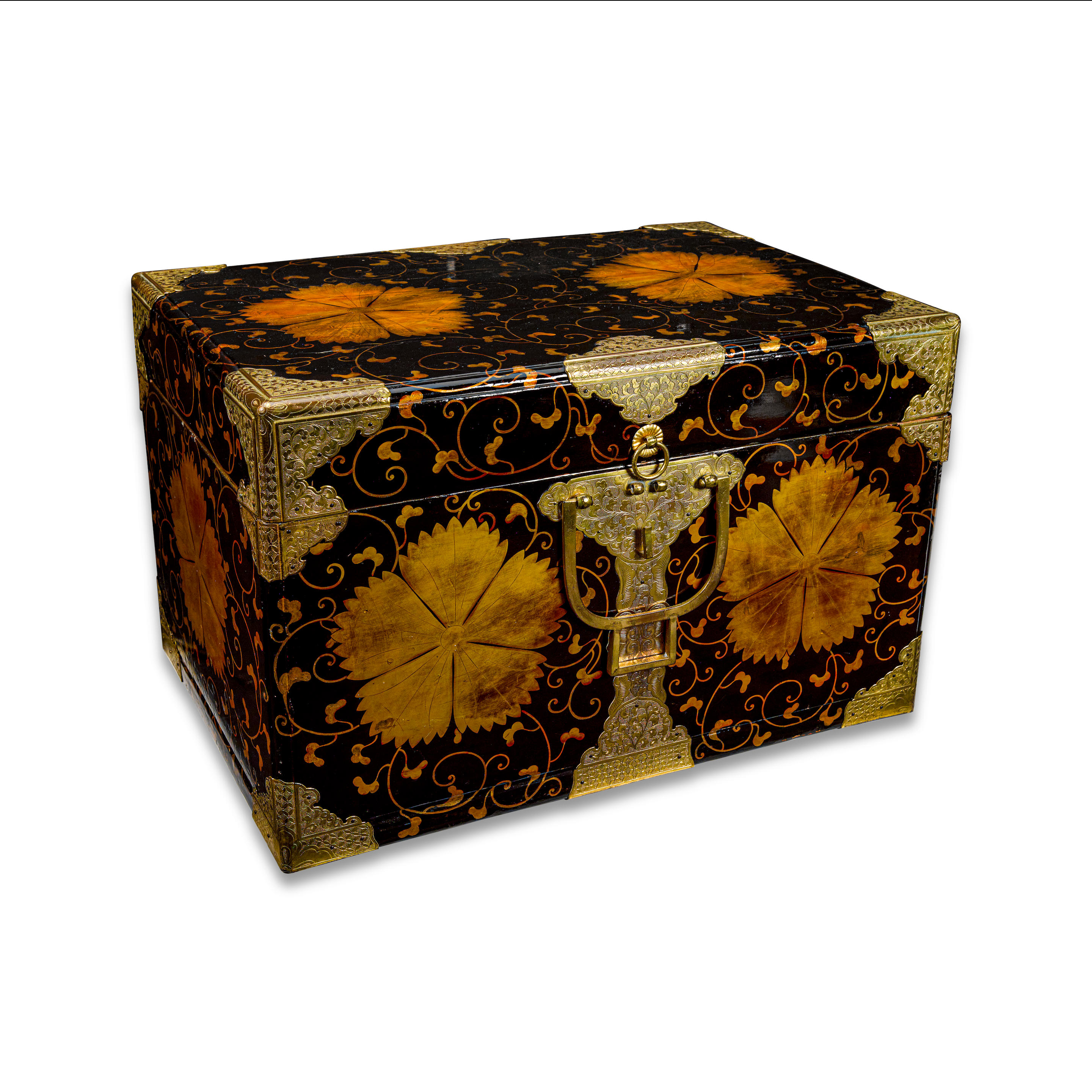 Appraisal: A JAPANESE BRASS BOUND GILT AND LACQUERED CHEST th century