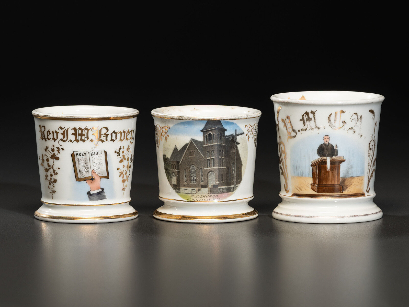 Appraisal: Three Porcelain Occupational Shaving Mugs of Religious Interest Late th