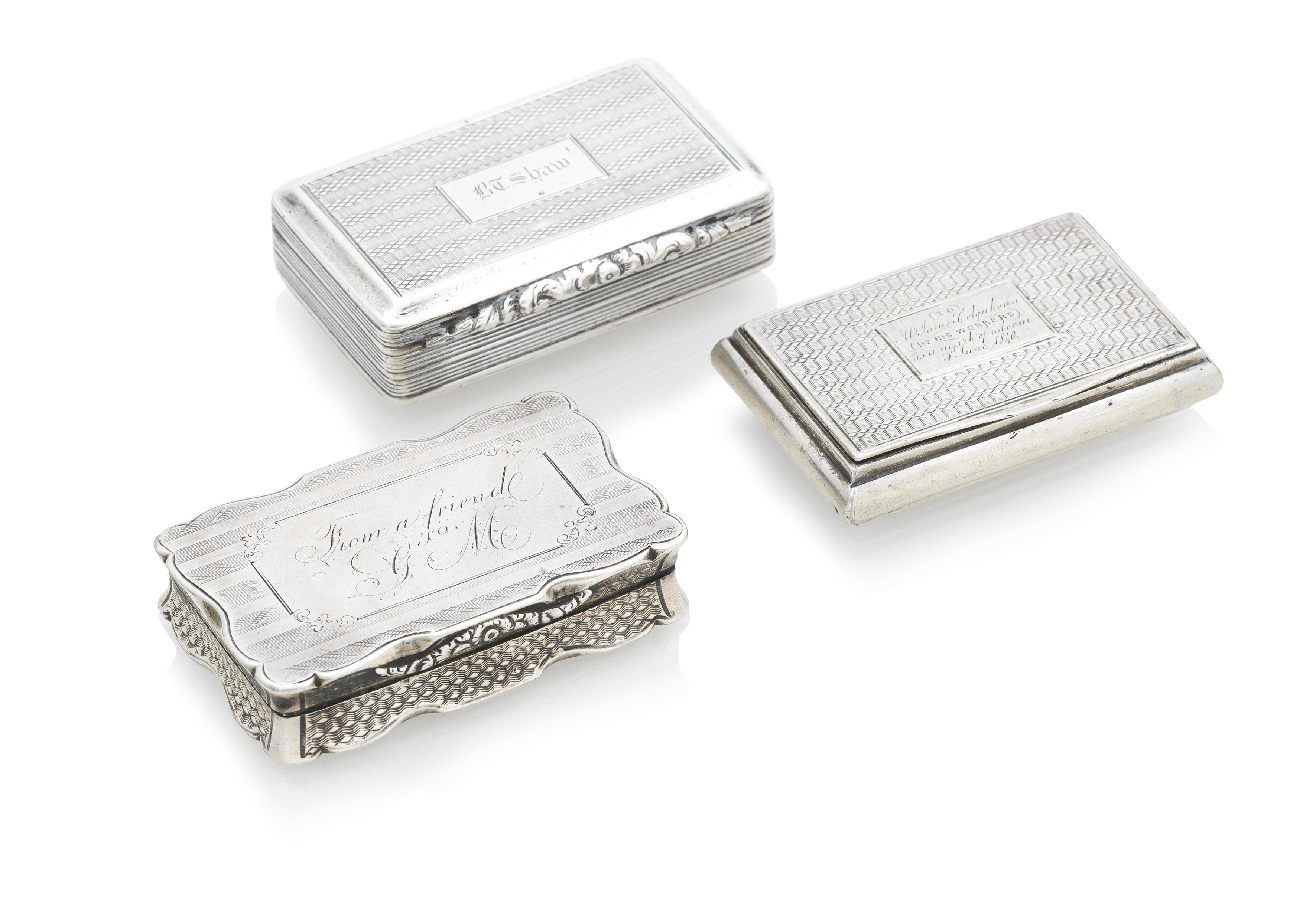 Appraisal: THREE WILLIAM IV VICTORIAN SILVER SNUFF BOXES The first by