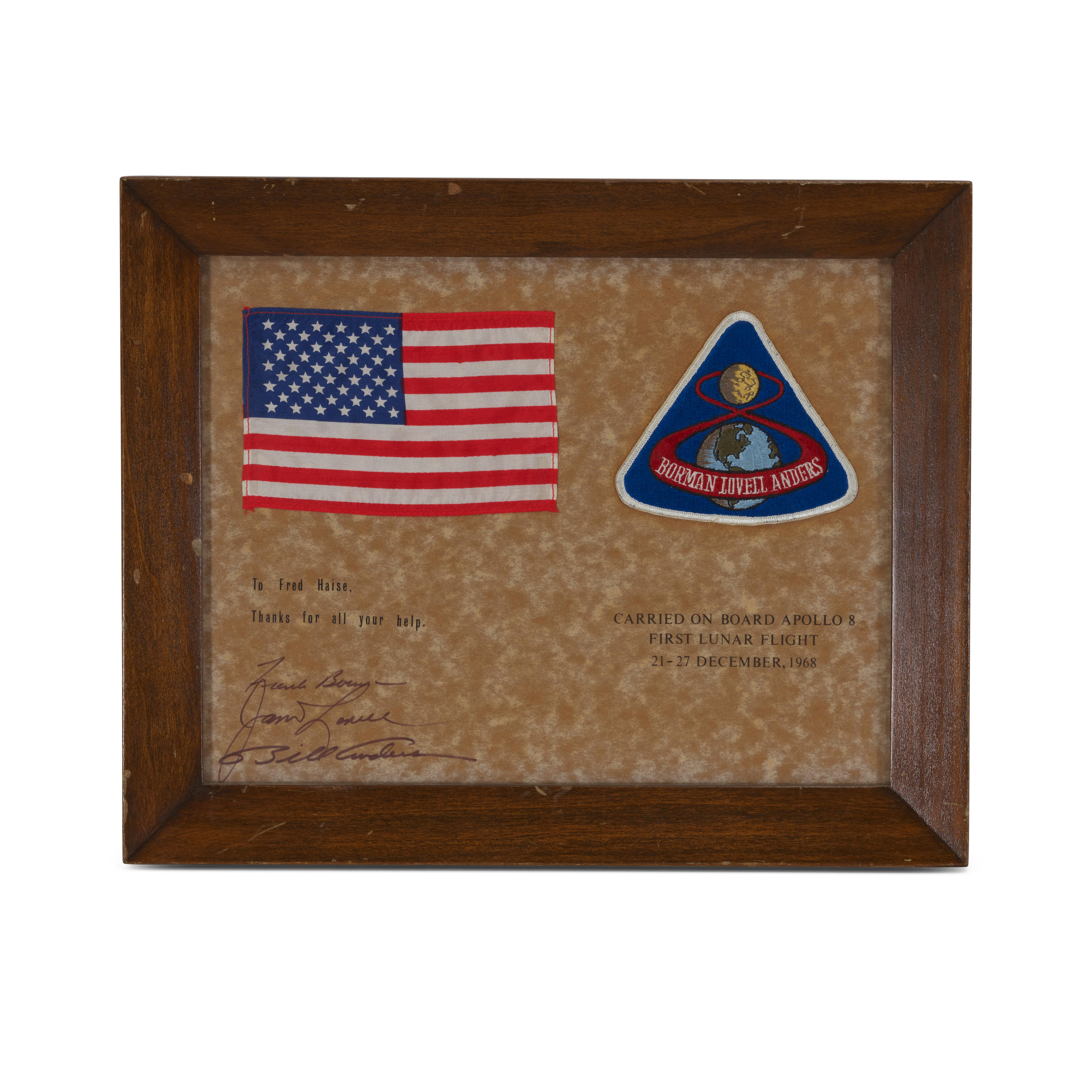 Appraisal: APOLLO MOON FLOWN FLAG EMBLEM PRESENTED TO FRED HAISE Flown