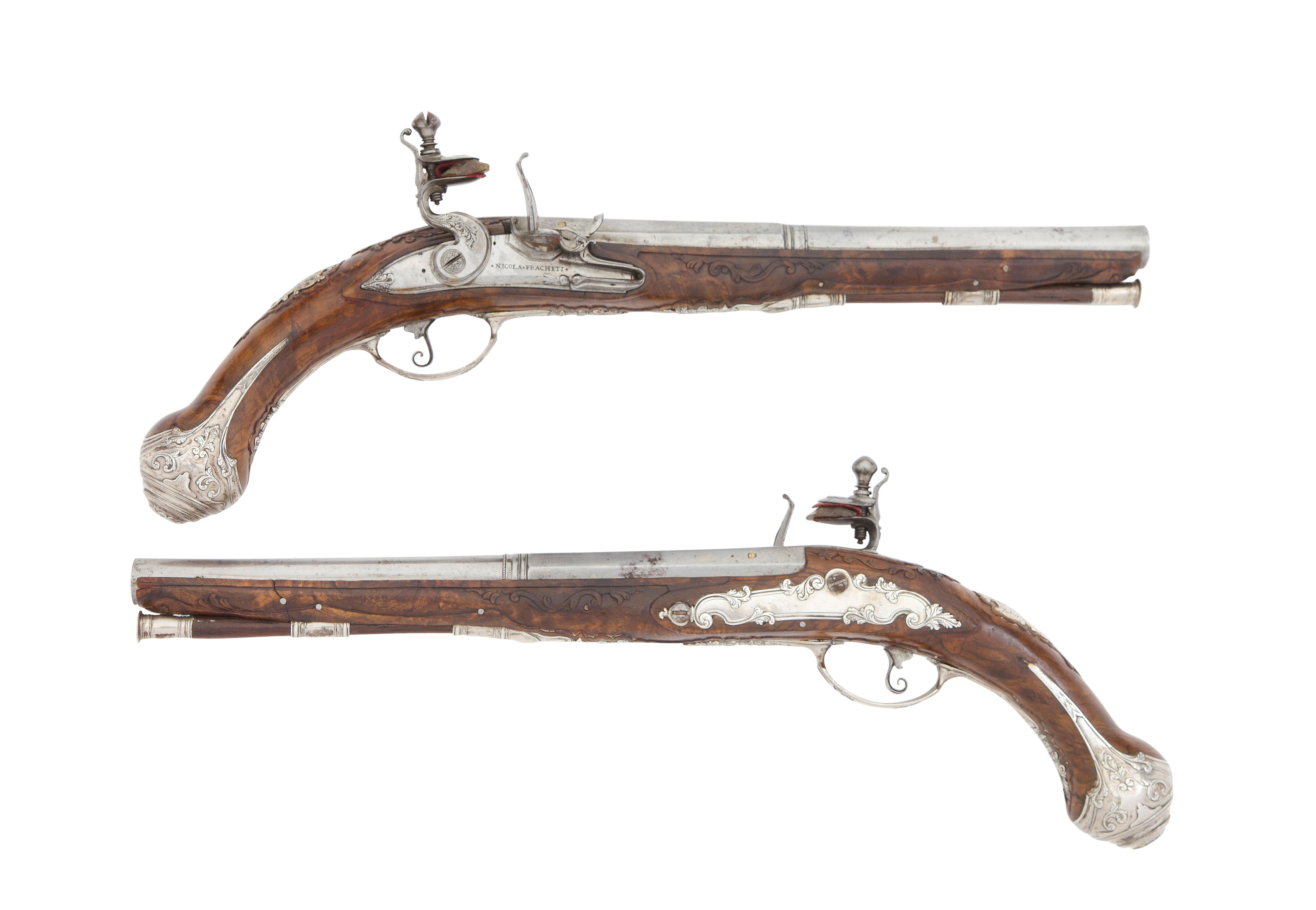 Appraisal: A FINE PAIR OF BRESCIAN -BORE FLINTLOCK SILVER-MOUNTED PISTOLS BY