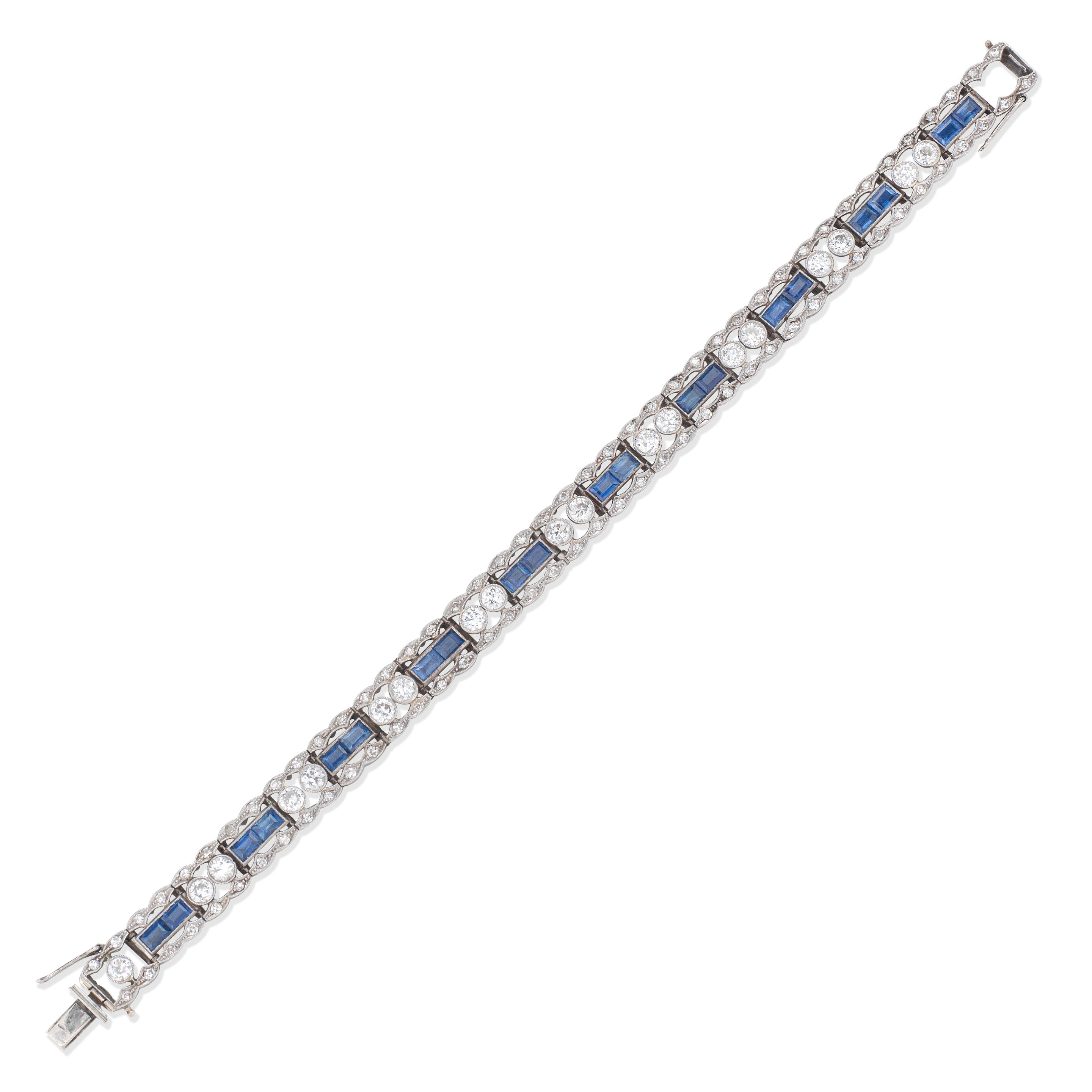 Appraisal: SAPPHIRE AND DIAMOND BRACELET CIRCA Step-cut sapphires old brilliant and