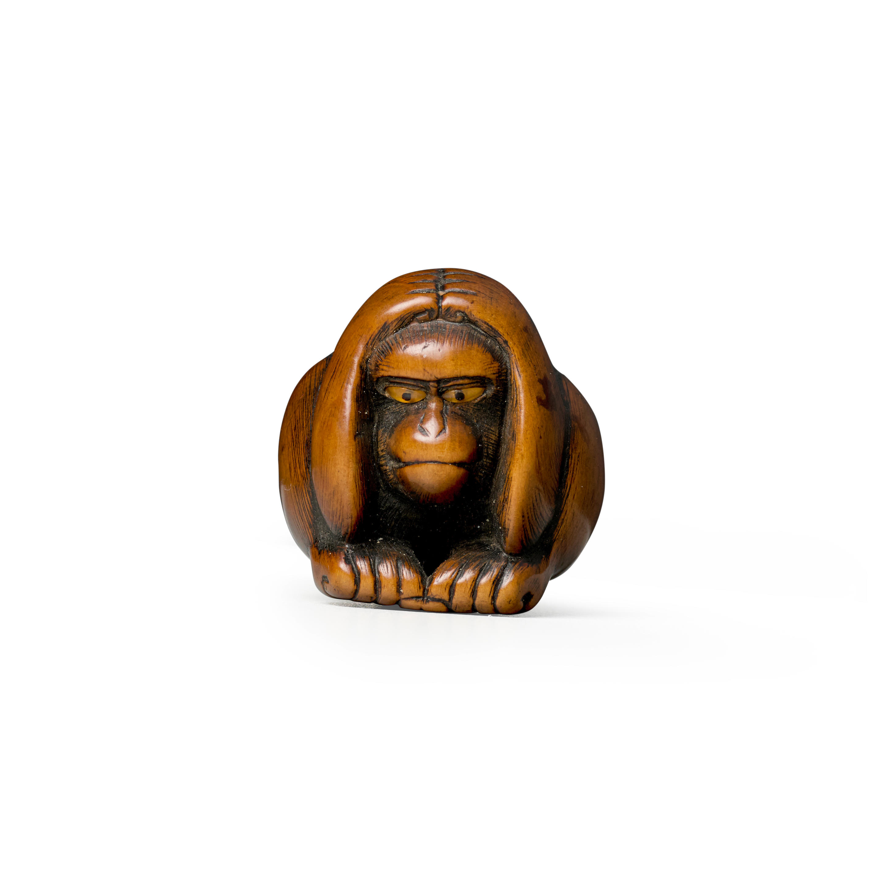 Appraisal: NAIT TOYOMASA - A Wood Netsuke of a Crouching Monkey