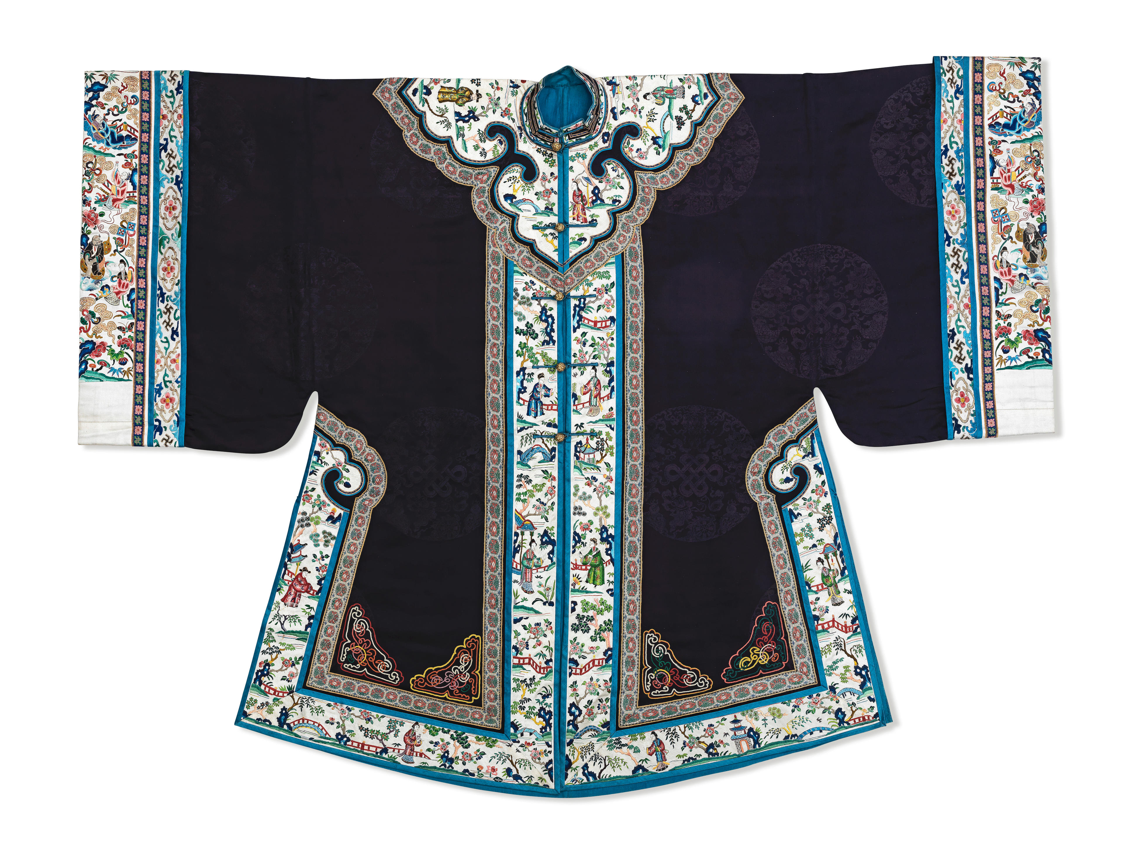 Appraisal: A RARE MIDNIGHT-BLUE-GROUND EMBROIDERED DAMASK SILK WOMAN'S OVERCOAT WAITAO Early