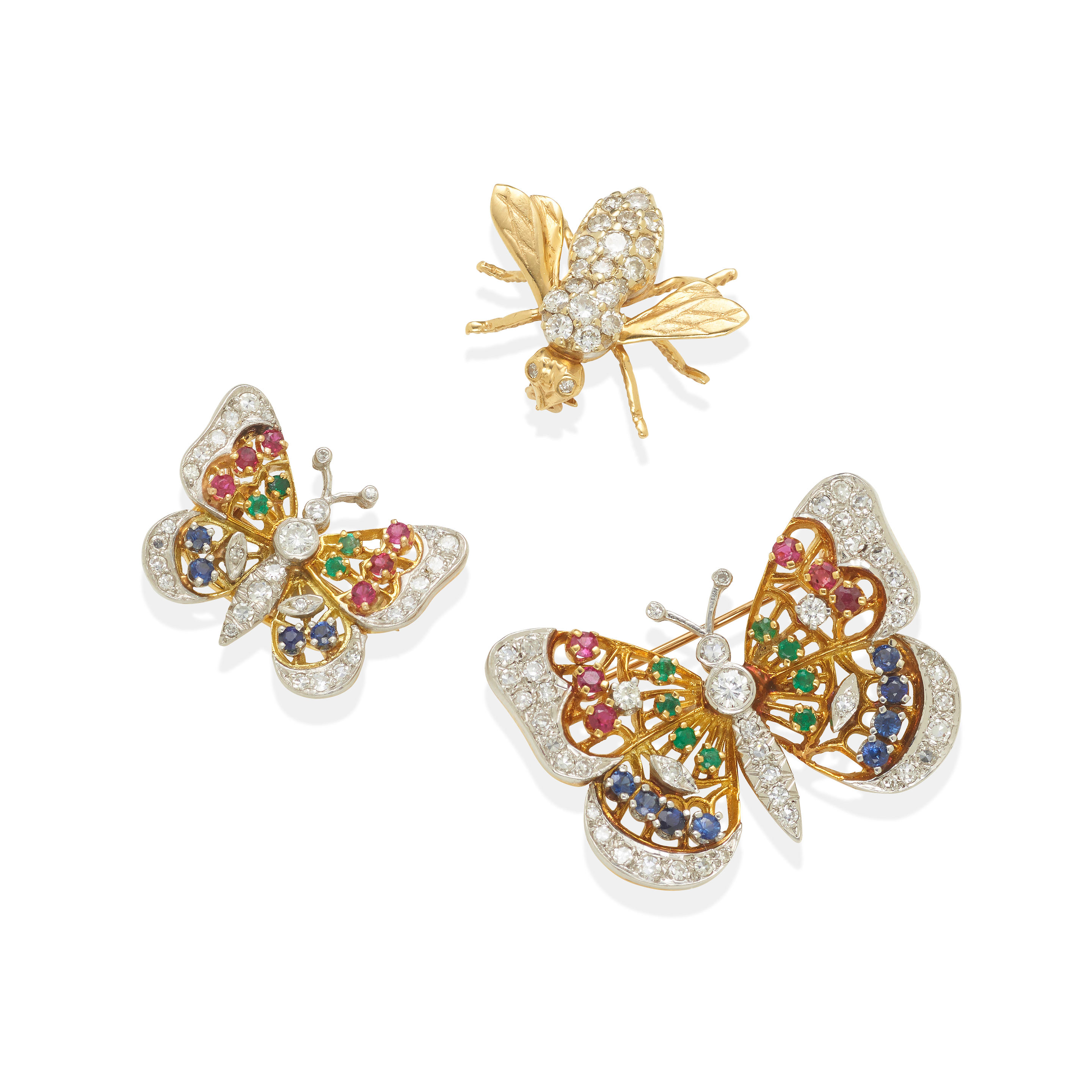 Appraisal: A GROUP OF K GOLD GEM-SET AND DIAMOND BROOCHES Featuring