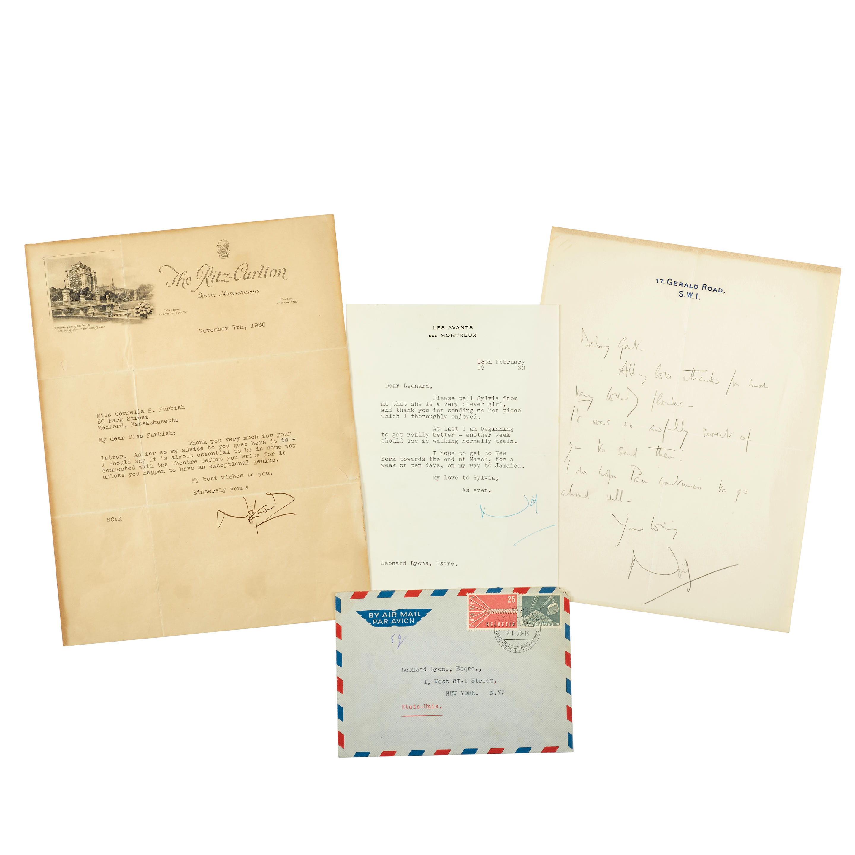 Appraisal: THREE NOEL COWARD LETTERS COWARD NOEL - items Autograph Letter