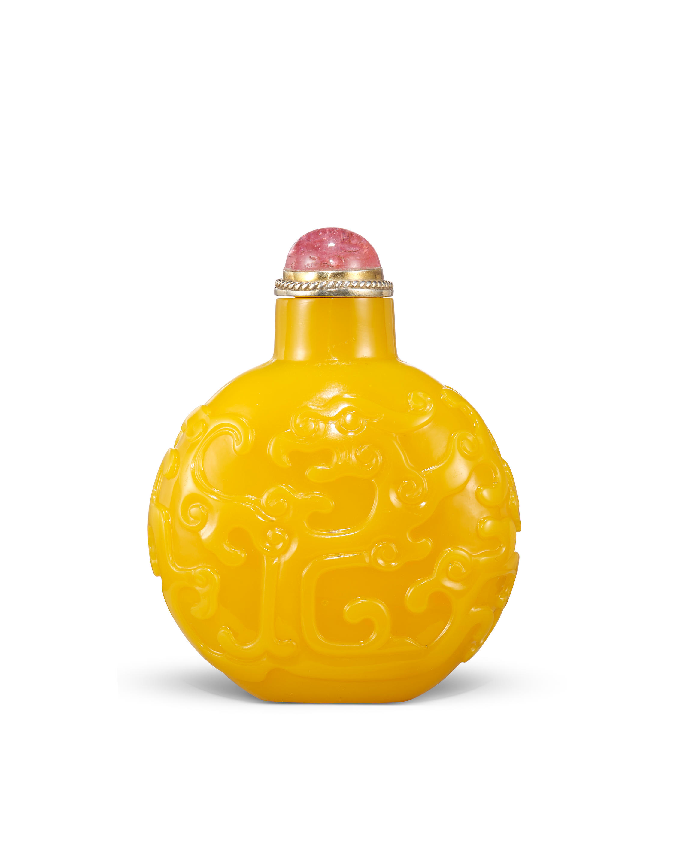 Appraisal: A YELLOW GLASS 'CHILONG AND PHOENIX' SNUFF BOTTLE Qianlong four-character