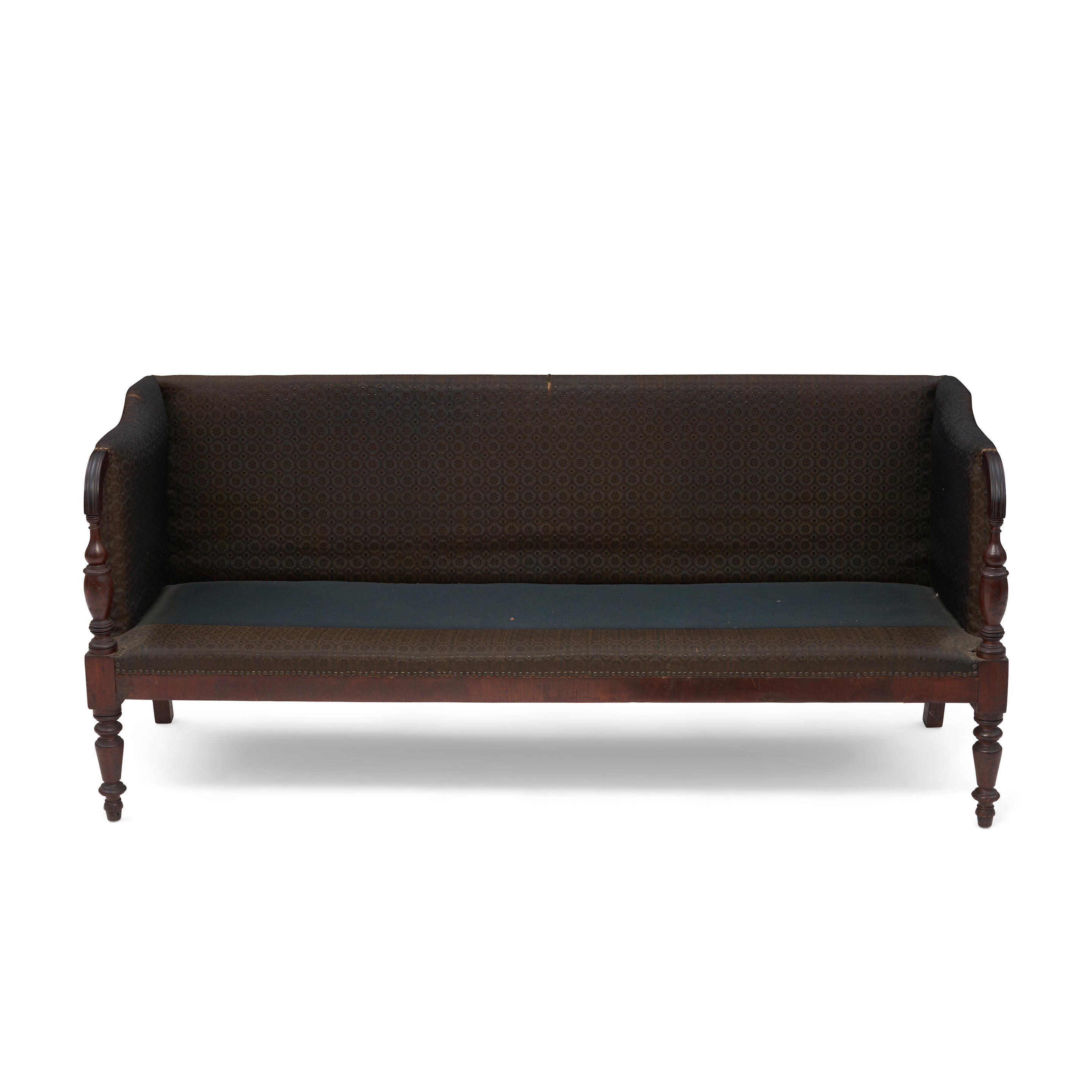 Appraisal: FEDERAL-STYLE MAHOGANY UPHOLSTERED SETTEE With turned legs and arms black