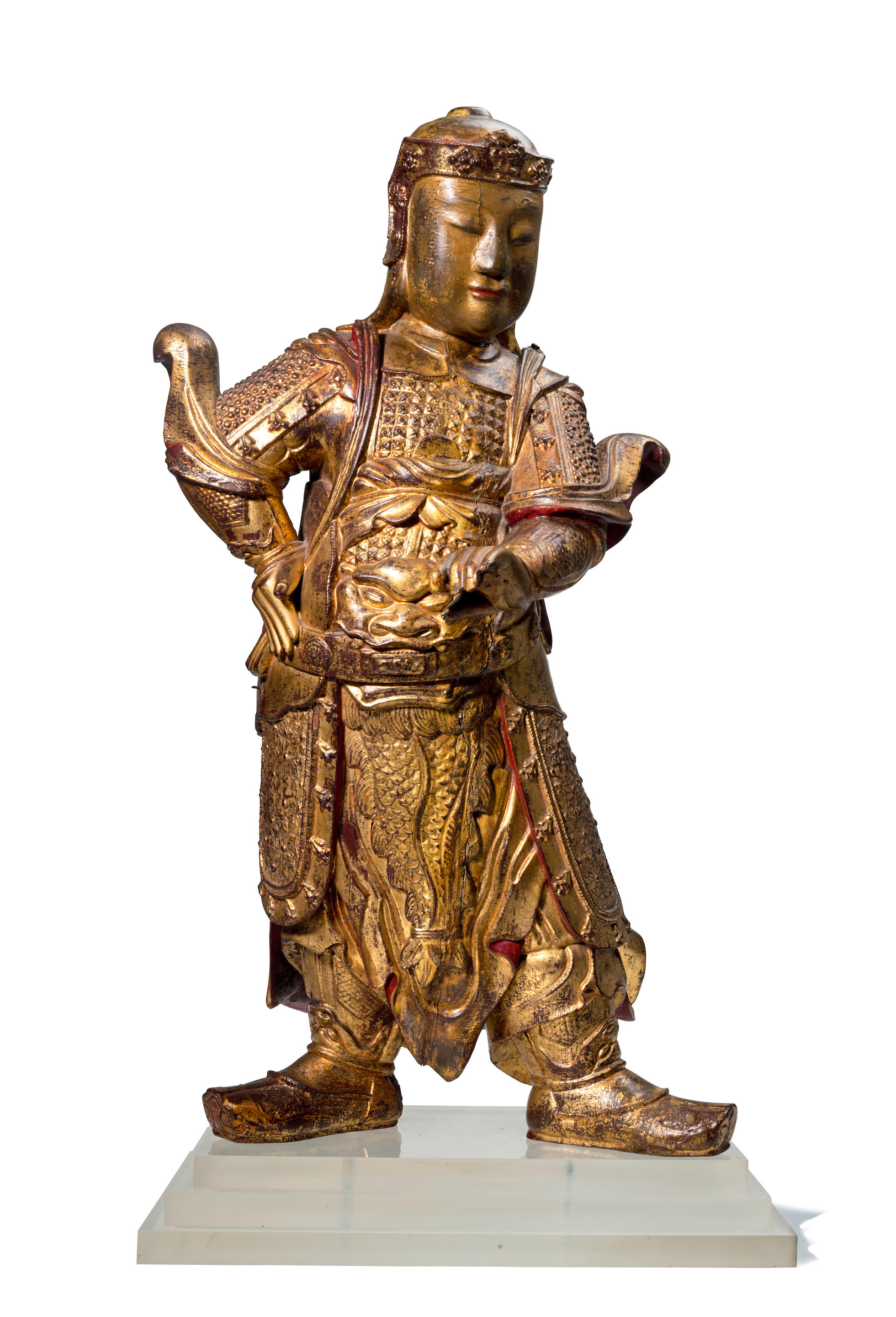 Appraisal: TWO GILT-LACQUERED WOOD FIGURES OF GUARDIAN WARRIORS WEITUO th th