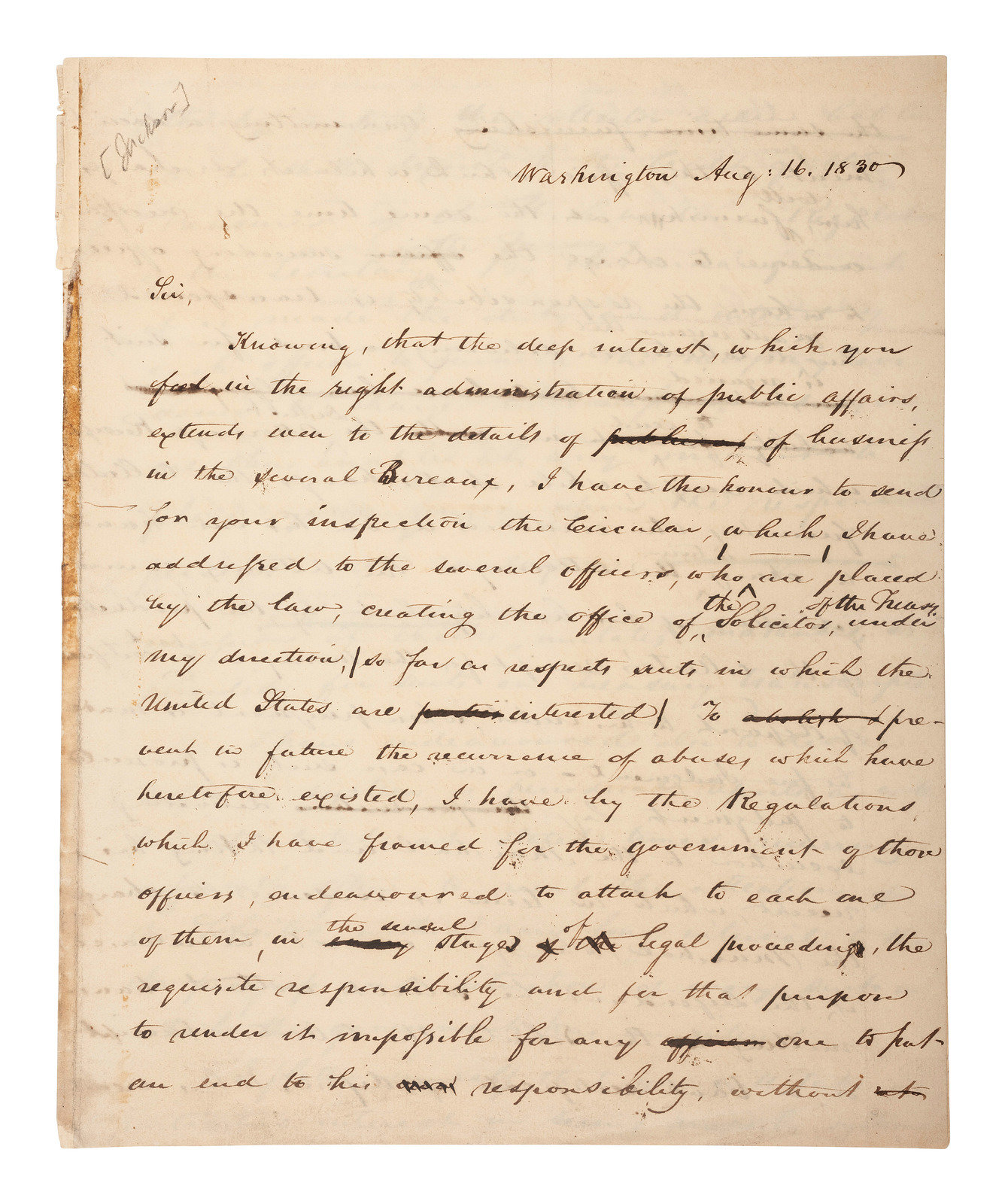 Appraisal: JACKSON ANDREW - Manuscript copy letter to Andrew Jackson from