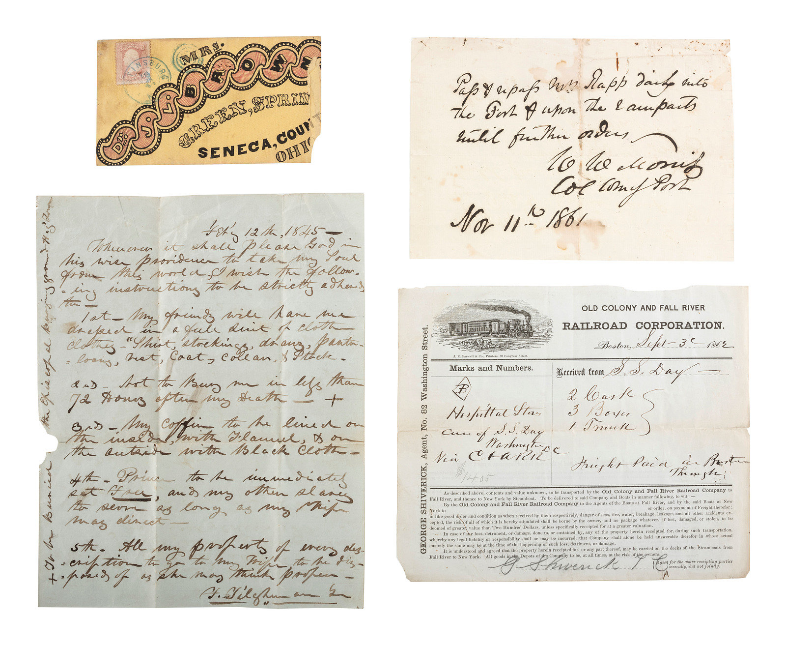 Appraisal: CIVIL WAR Ephemera including elaborately engraved postal cover wounded soldier's