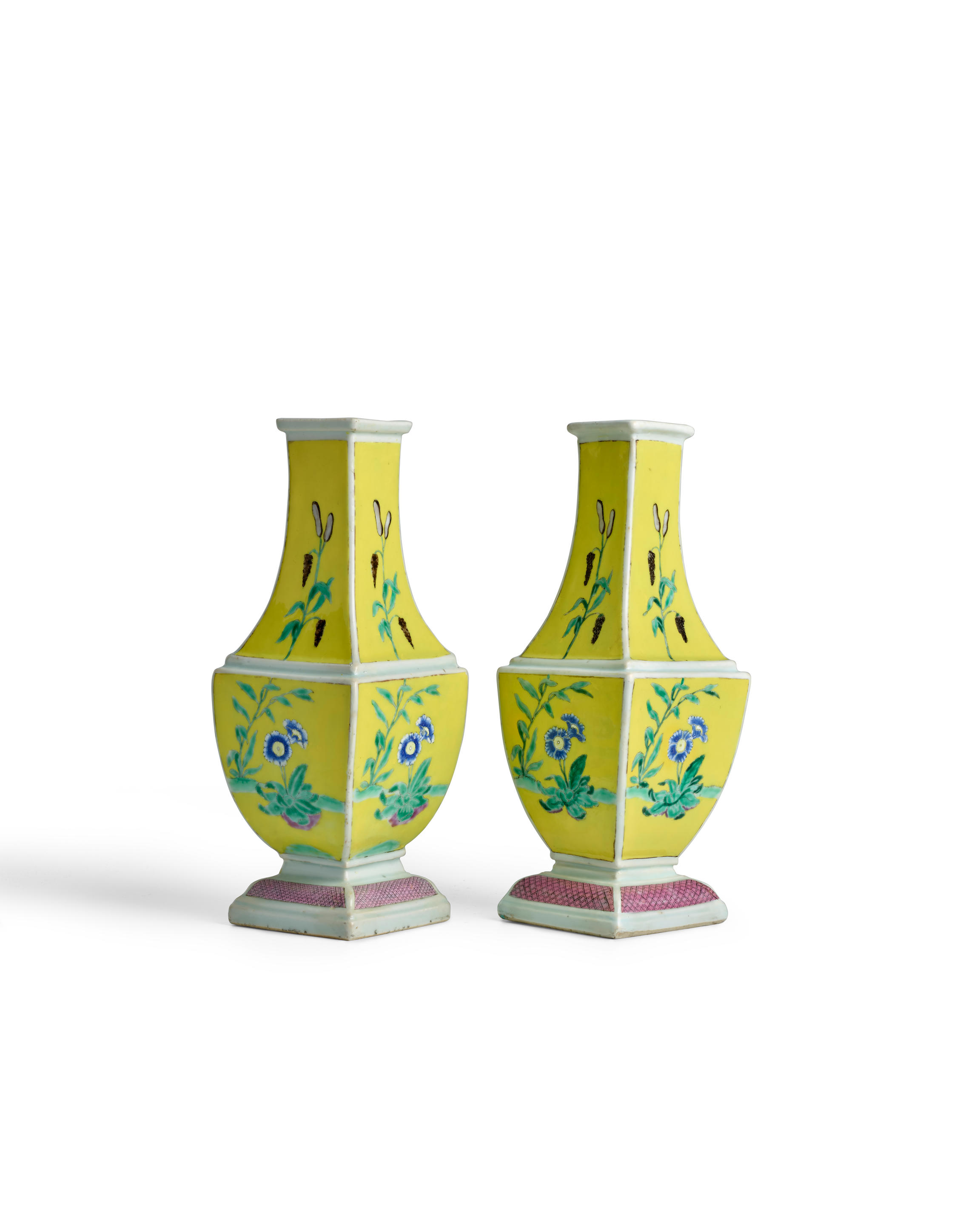 Appraisal: A VERY RARE PAIR OF PRONK-STYLE FAMILLE ROSE YELLOW-GROUND VASES