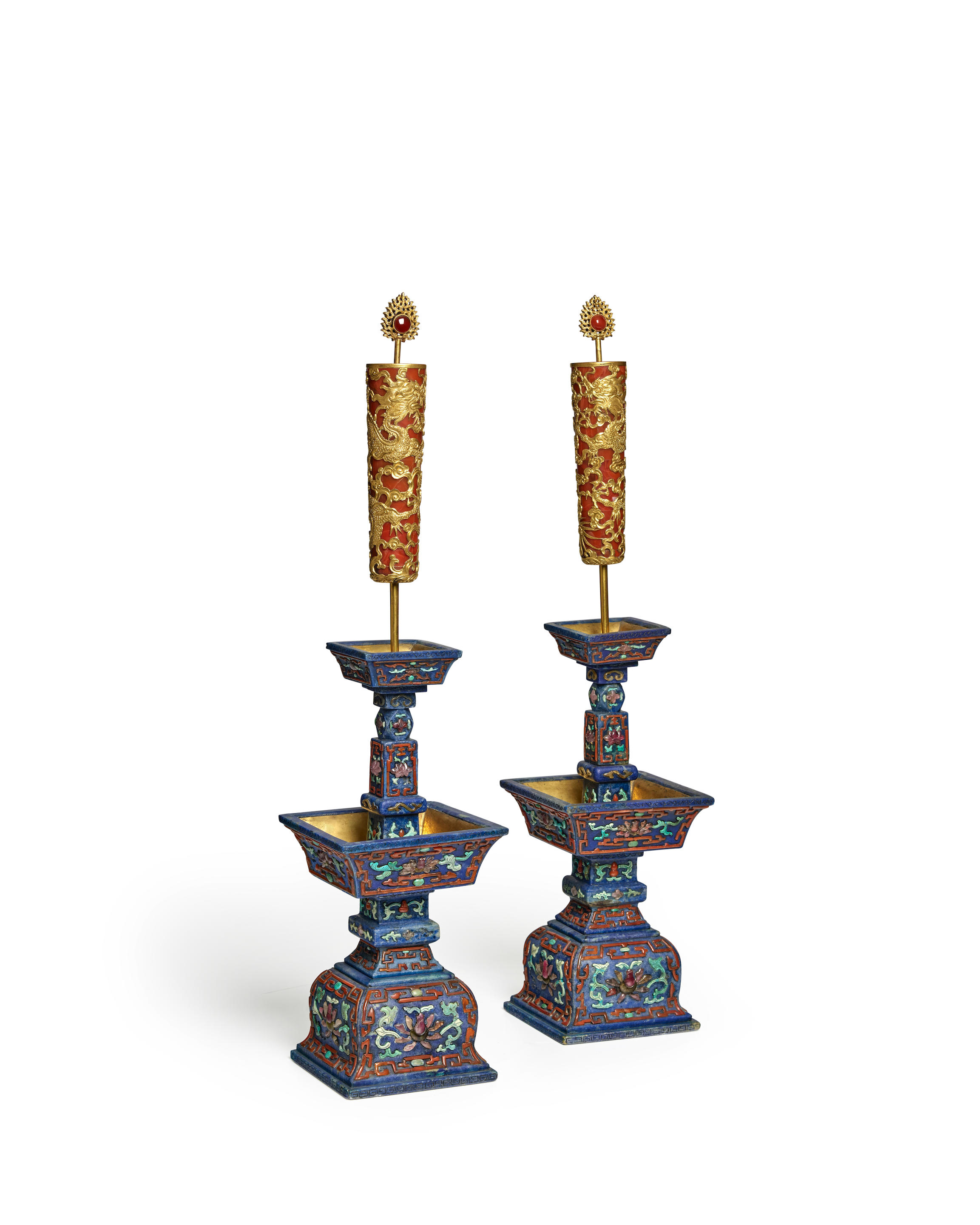 Appraisal: A PAIR OF LAPIS-LAZULI HARDSTONE-MOUNTED CANDLESTICKS WITH PSEUDO PRAYER WHEELS