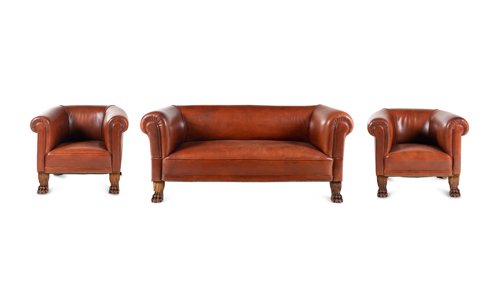 Appraisal: A Leather-Upholstered Mahogany Three-Piece Seating Suite Early th Century comprising