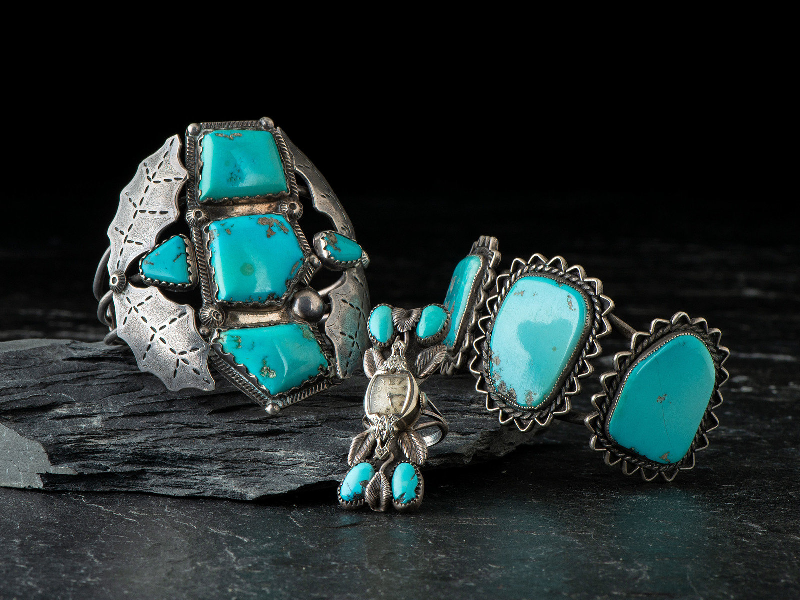 Appraisal: Navajo Silver and Turquoise Cuff Bracelets and Watch Ring third