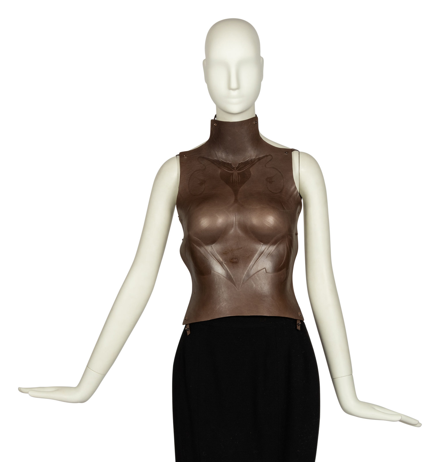 Appraisal: Issey Miyake Brown Leather Bustier With Tooled Art Nouveau-Like Design