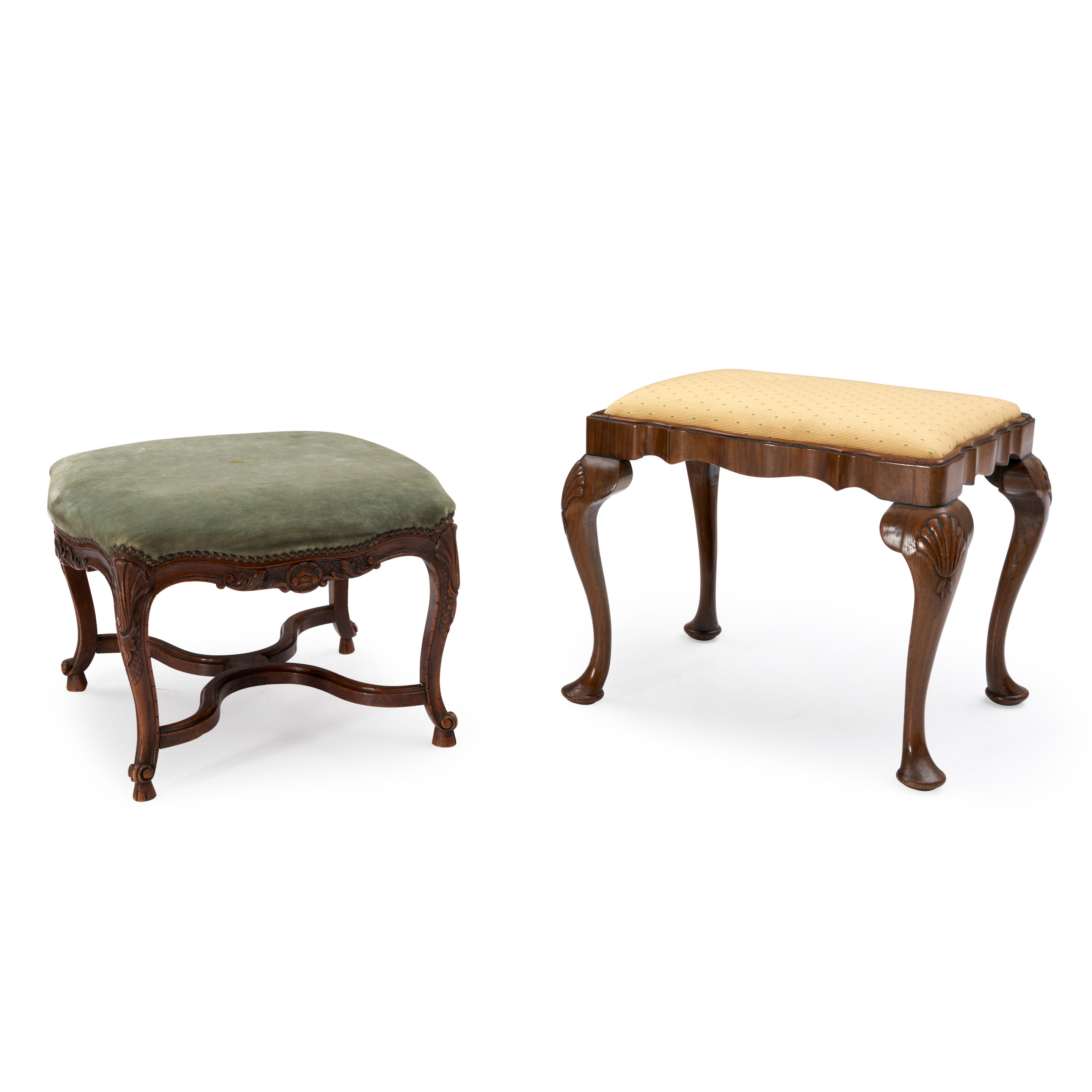 Appraisal: TWO CARVED AND UPHOLSTERED STOOLS French th century one with