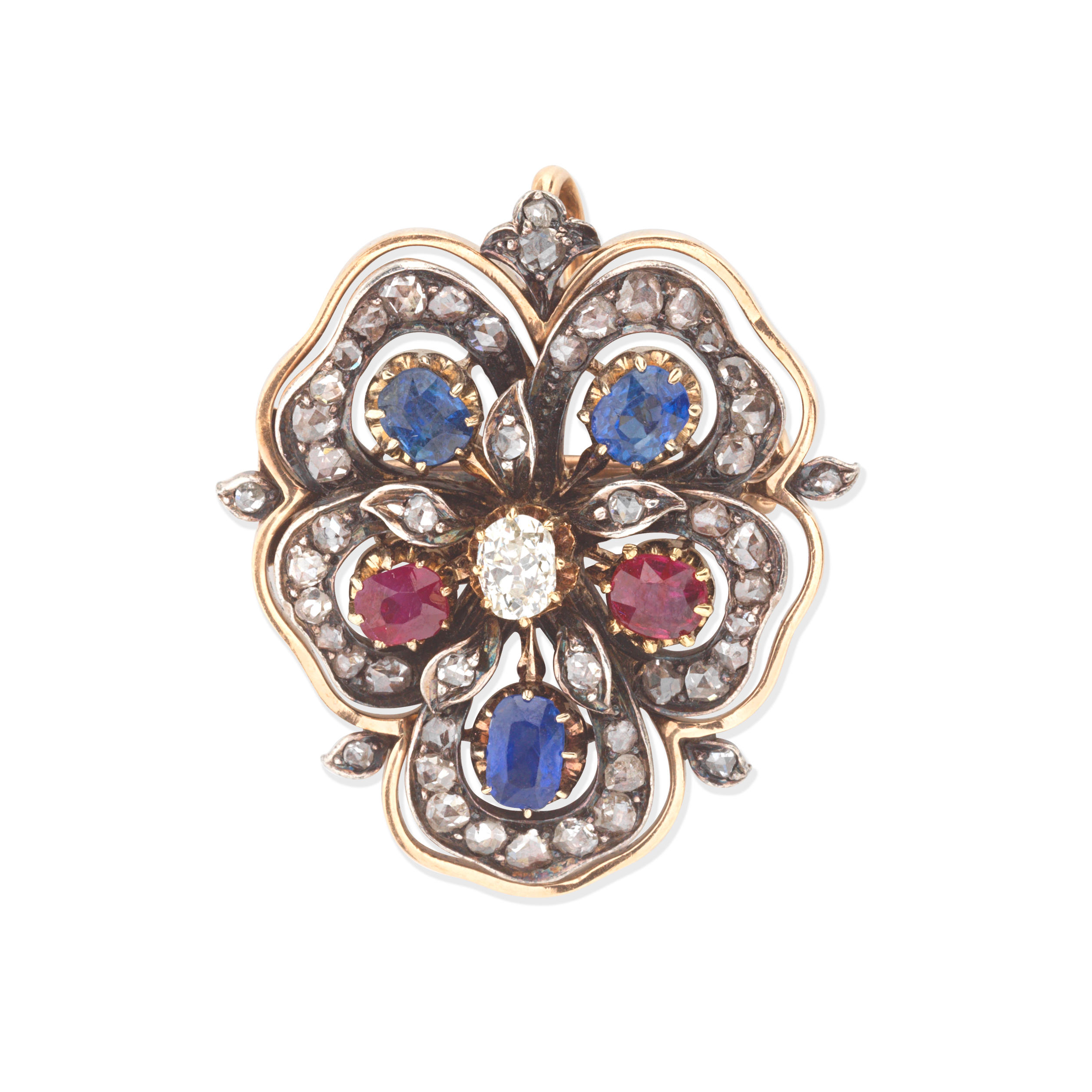 Appraisal: RUBY SAPPHIRE AND DIAMOND PANSY BROOCH PENDANT CIRCA The openwork