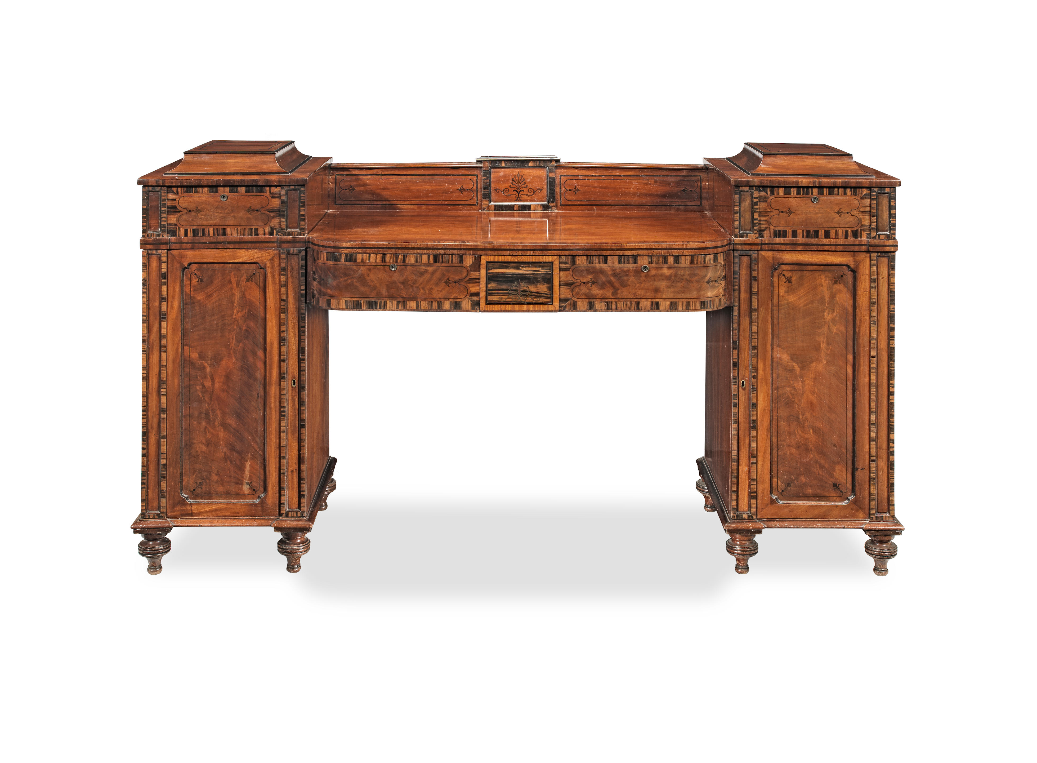 Appraisal: A REGENCY MAHOGANY CALAMANDER AND EBONISED INLAID PEDESTAL SIDEBOARD in