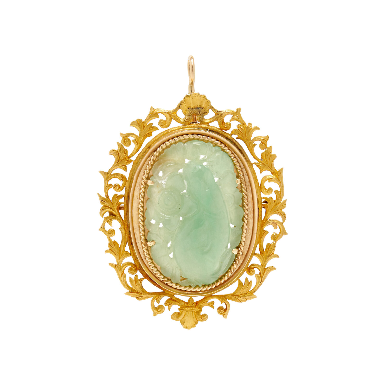 Appraisal: YELLOW GOLD AND JADE PENDANT BROOCH Pierced and carved jade