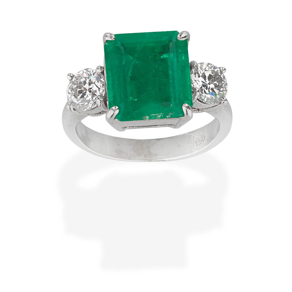 Appraisal: EMERALD AND DIAMOND RING Step-cut emerald and brilliant-cut diamonds diamonds