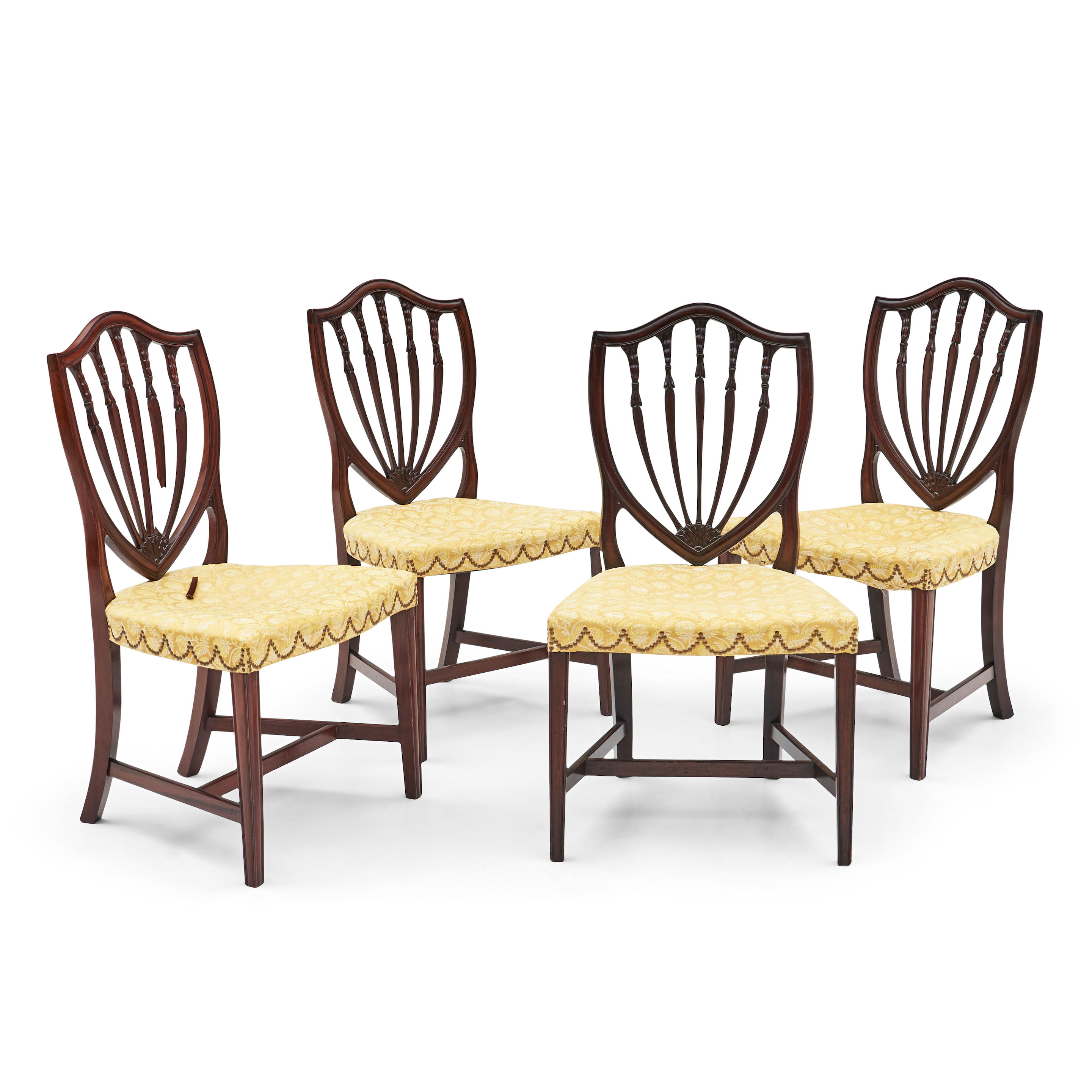 Appraisal: FOUR FEDERAL-STYLE MAHOGANY SHIELD-BACK SIDE CHAIRS th century with yellow