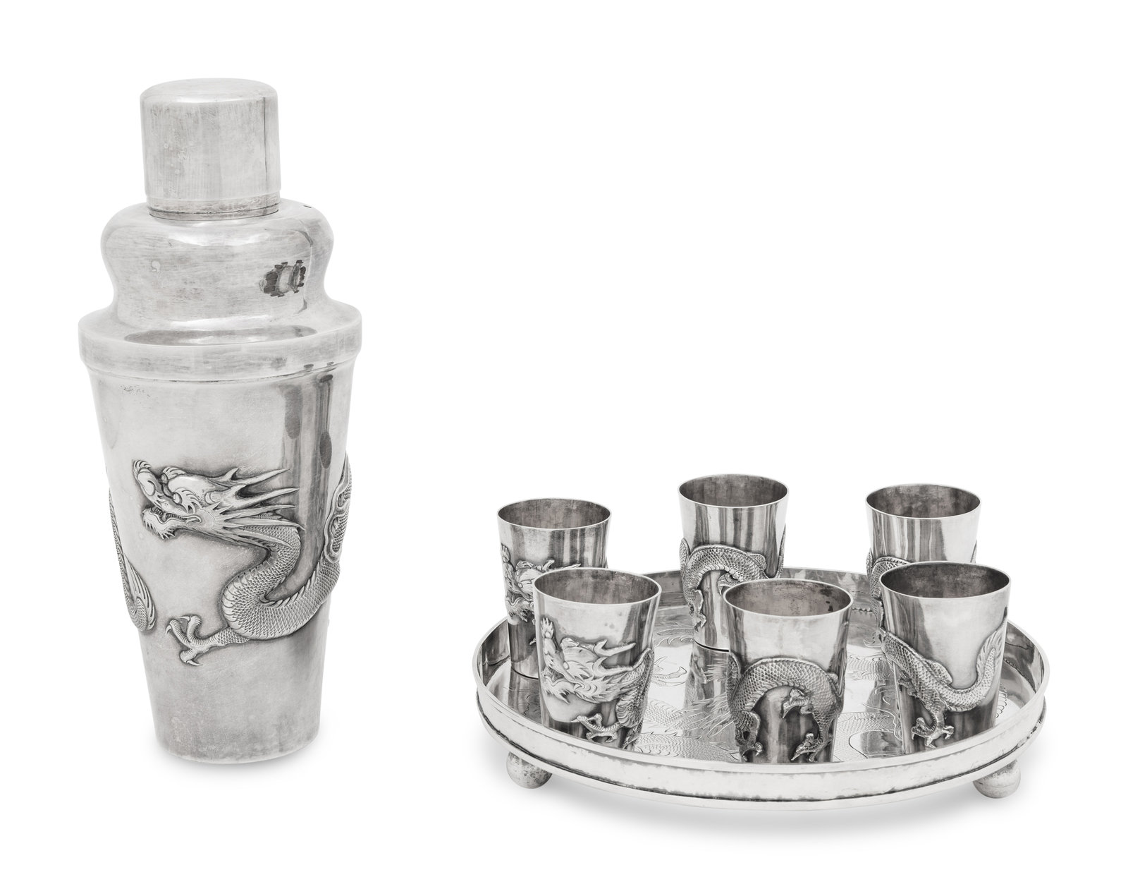 Appraisal: A Chinese Silver 'Dragon' Cocktail Service Kwong Man Shing Hong