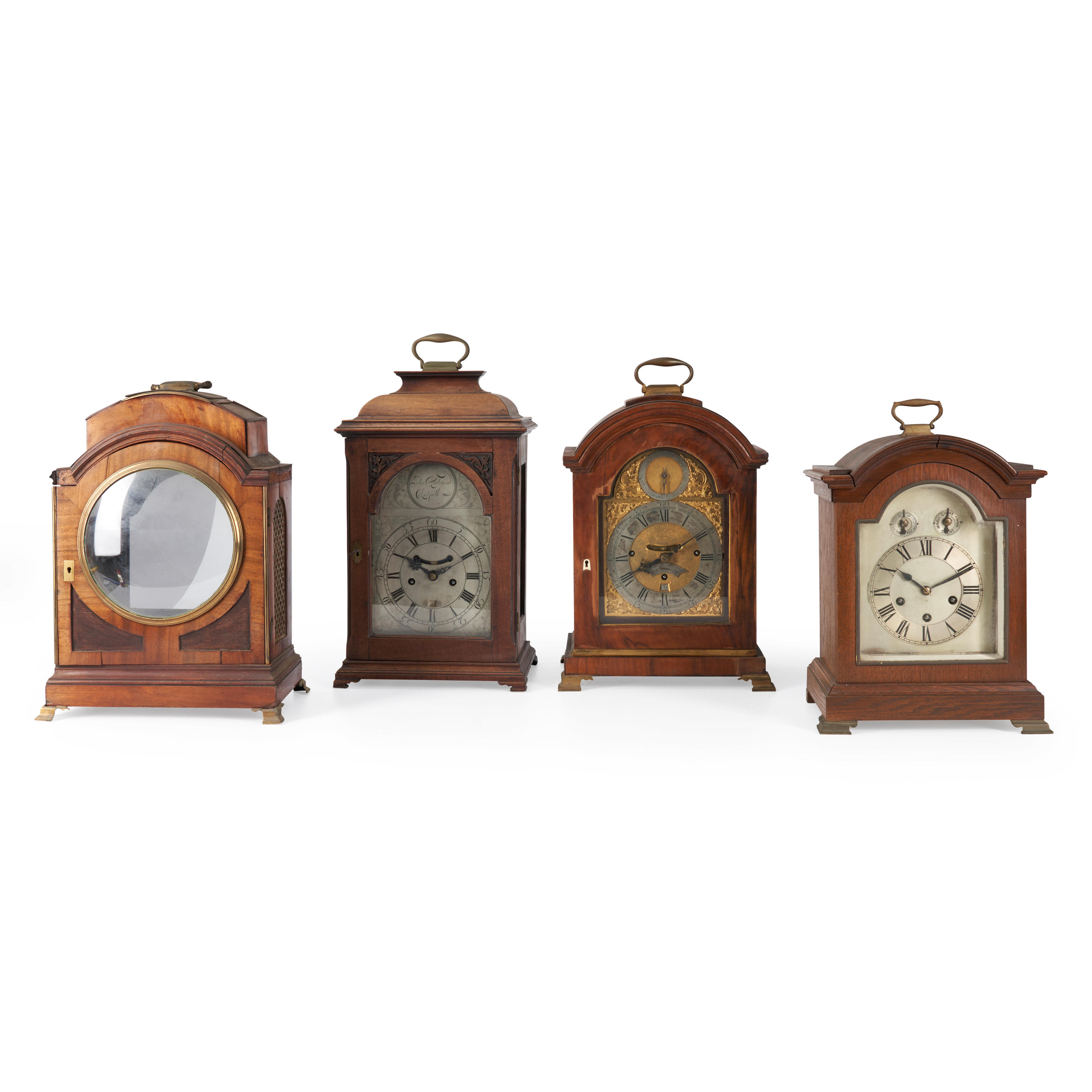 Appraisal: FOUR BRACKET CLOCKS Germany and England varying woods a Philipp