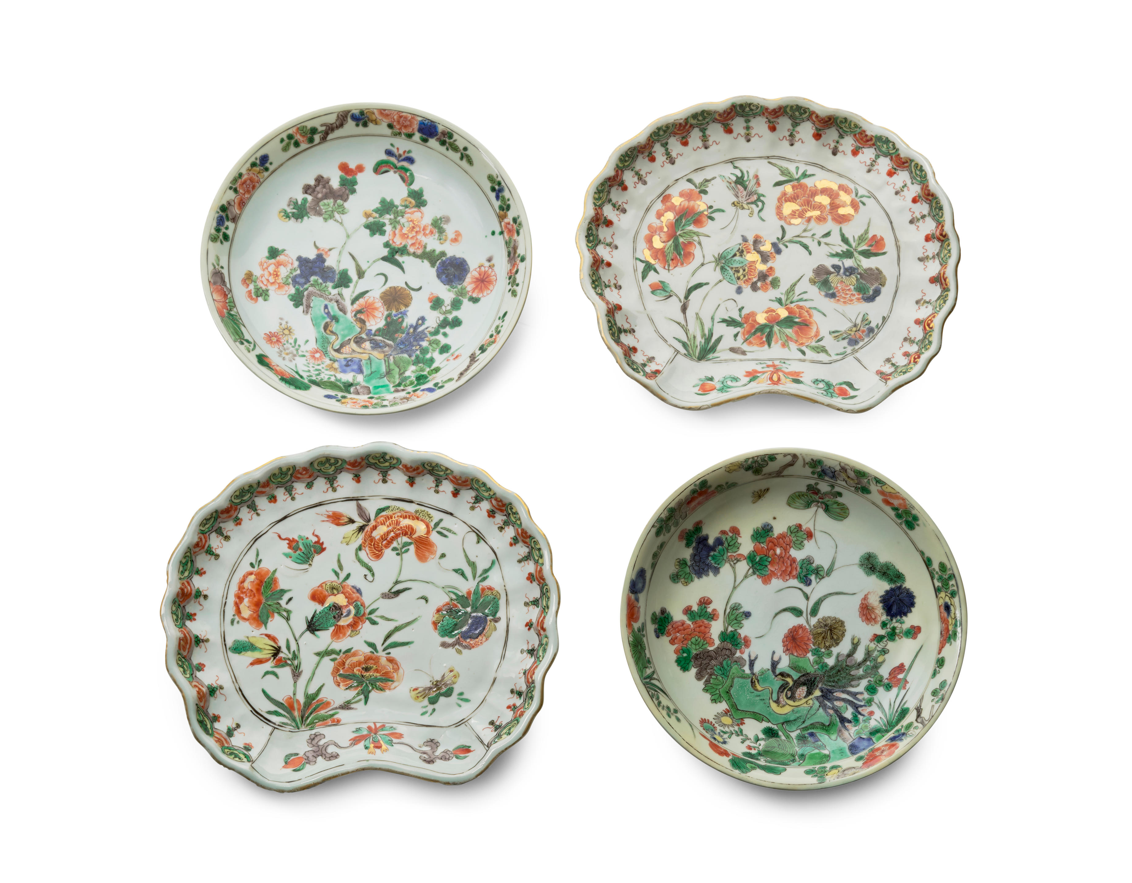 Appraisal: FOUR FAMILLE-VERTE DISHES Kangxi period Comprising A pair of scallop-rimmed