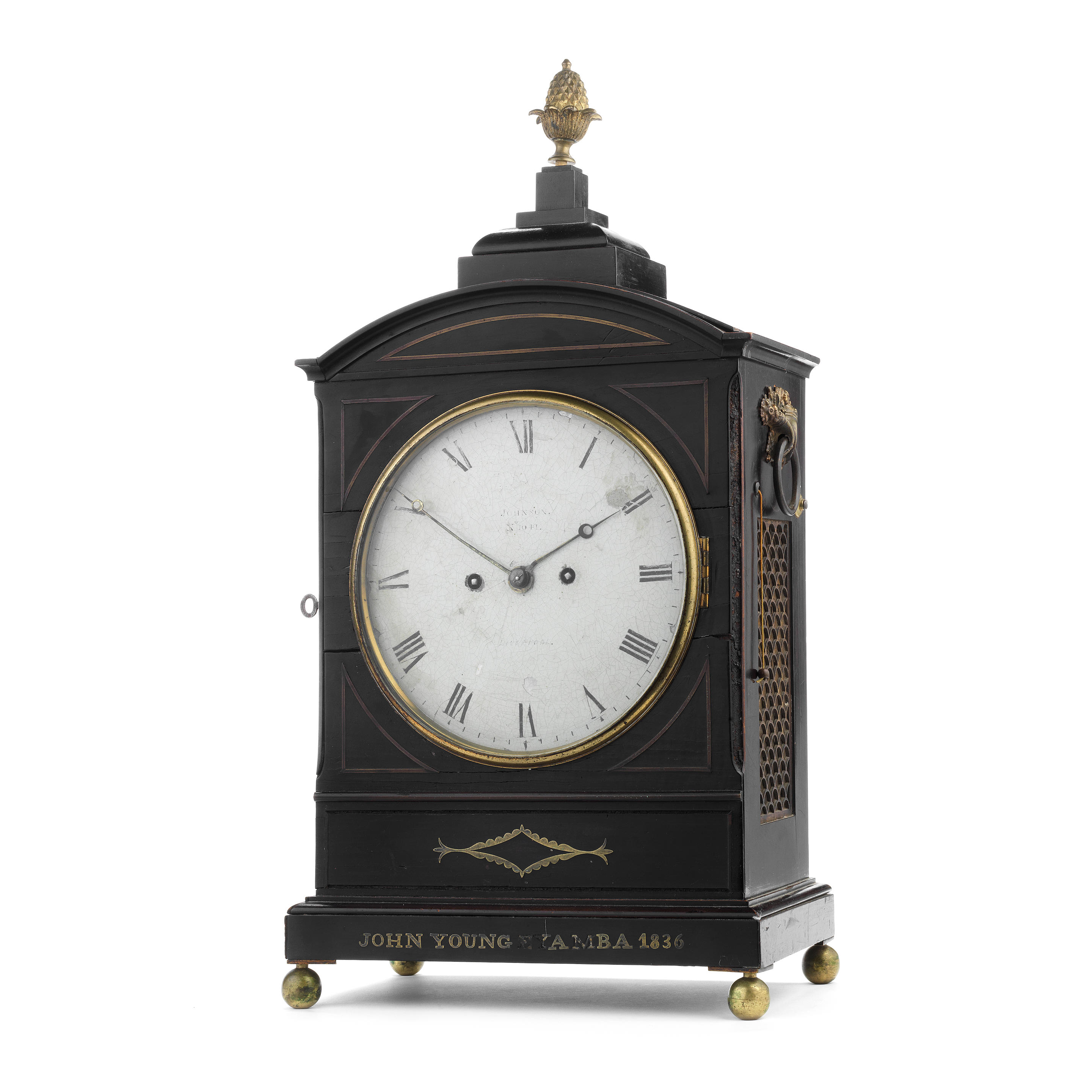 Appraisal: AN INTERESTING EARLY TH CENTURY BRASS MOUNTED EBONISED BRACKET CLOCK