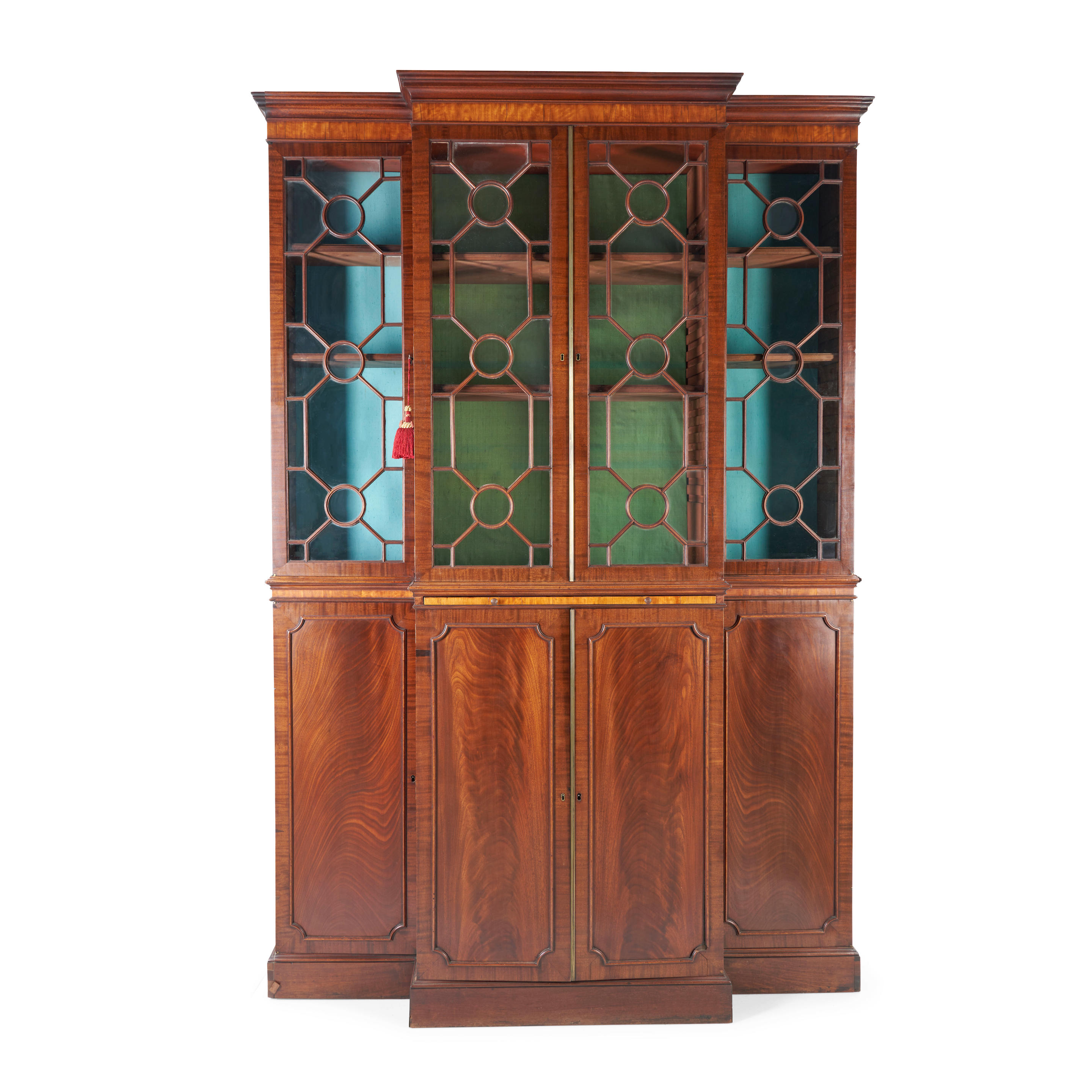 Appraisal: GEORGIAN MAHOGANY AND SATINWOOD INLAY BREAKFRONT BOOKCASE Britain th century