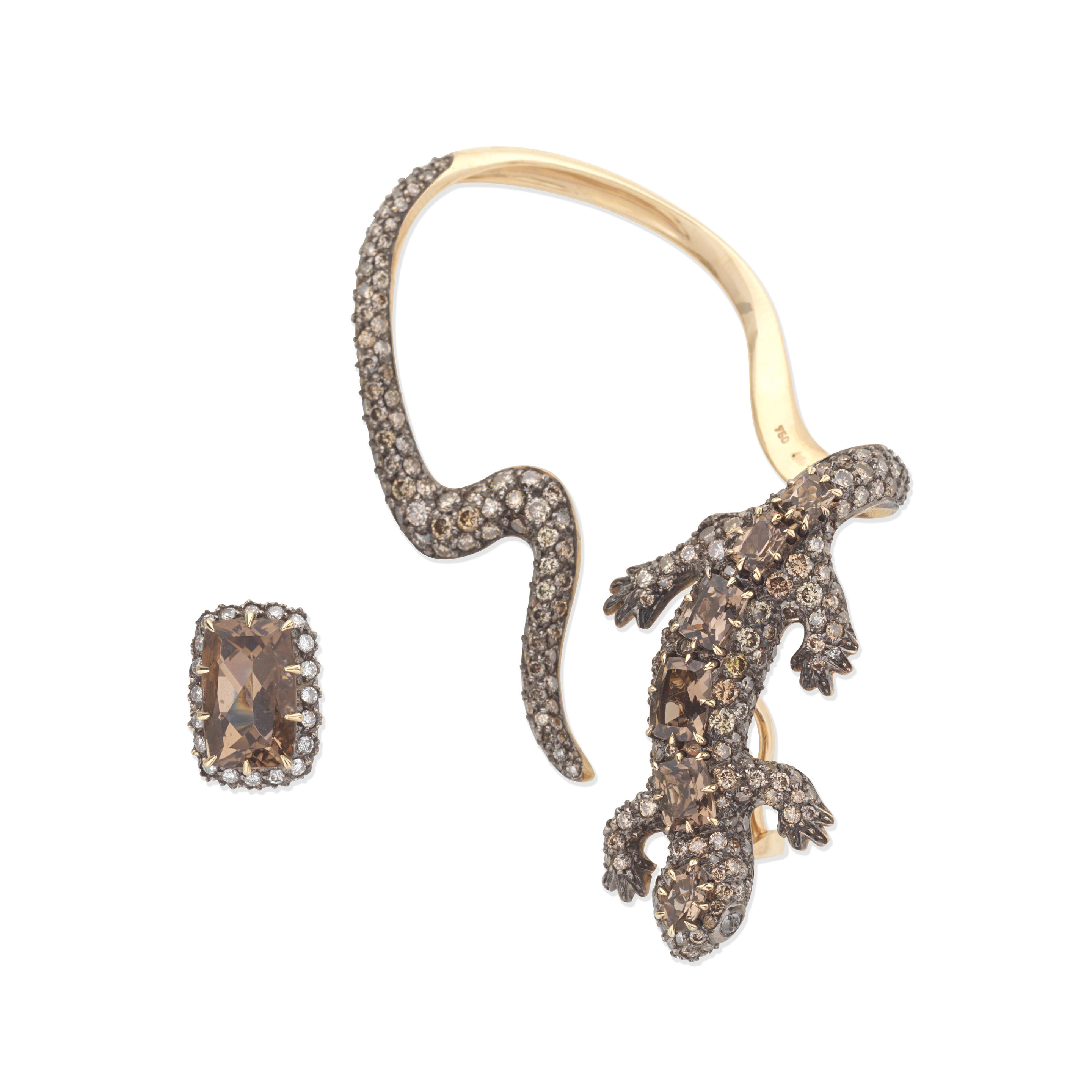 Appraisal: SMOKY QUARTZ DIAMOND AND COLOURED DIAMOND EAR CUFF AND EARRING