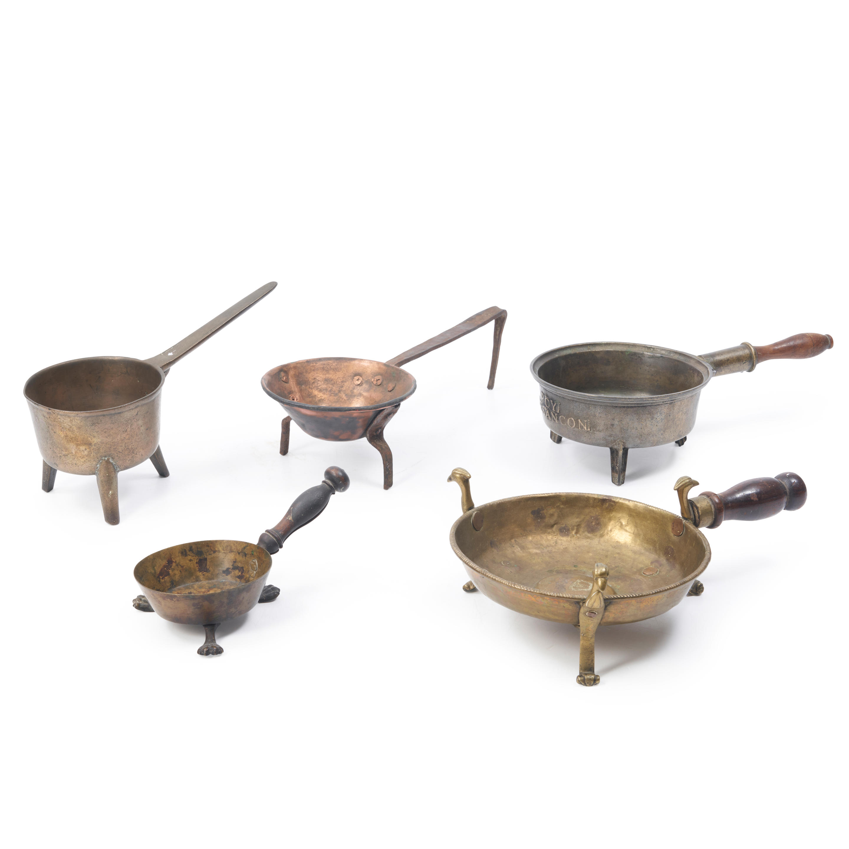 Appraisal: FIVE BRASS AND COPPER SKILLETS America and Europe th and