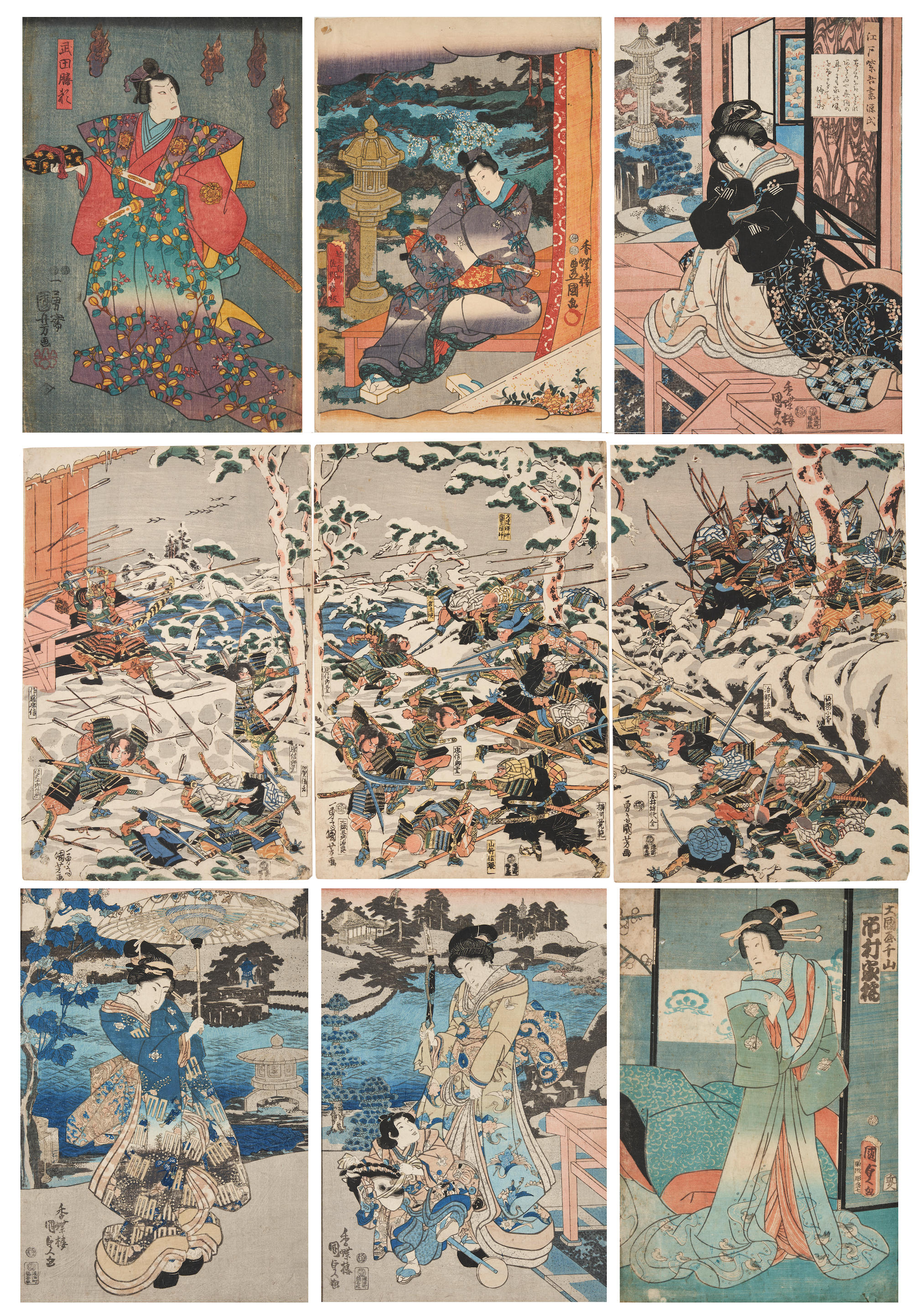 Appraisal: SEVEN UTAGAWA SCHOOL WOODBLOCK PRINTS Japan two by Toyokuni I