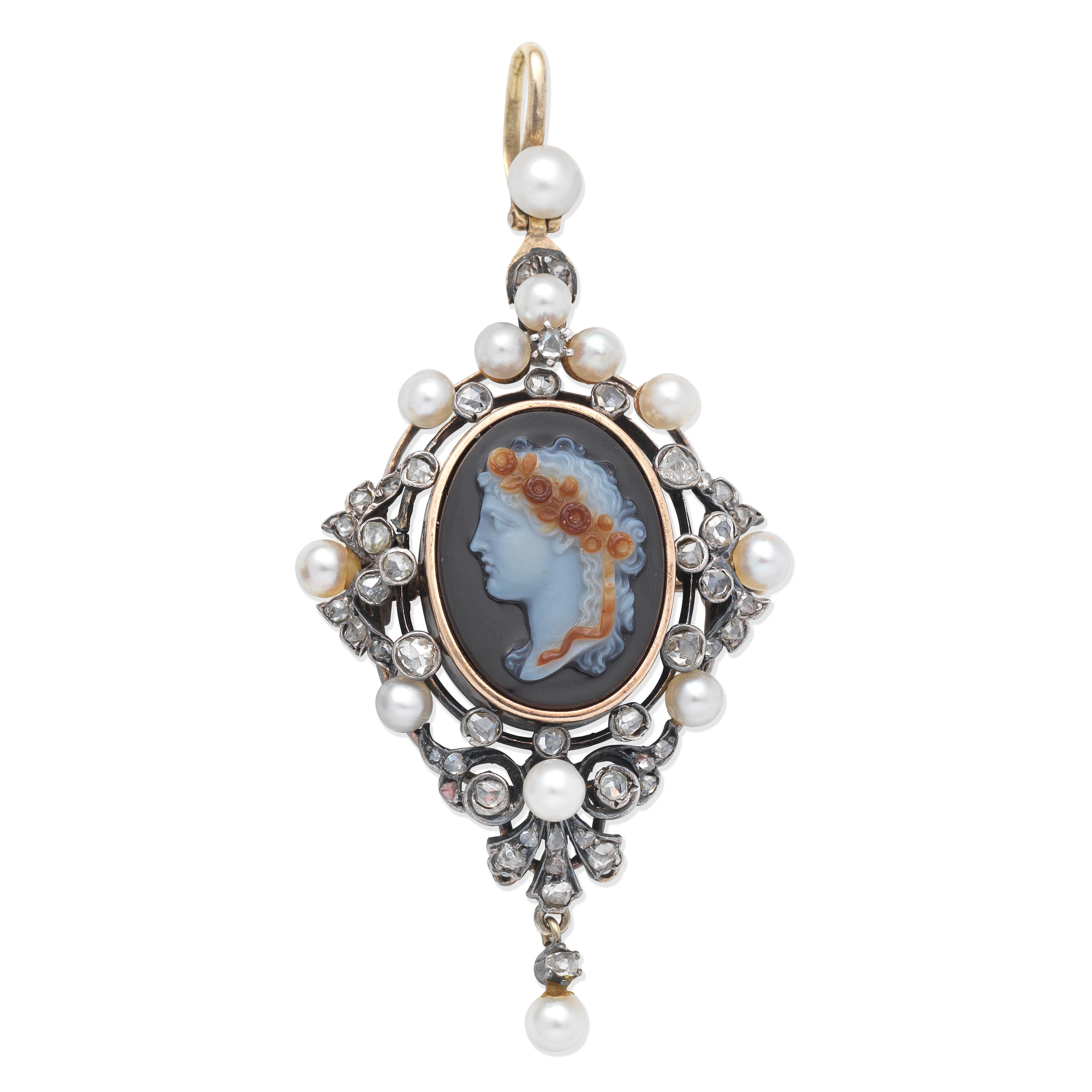 Appraisal: SEED PEARL AND DIAMOND CAMEO PENDANT BROOCH MID-LATE TH CENTURY