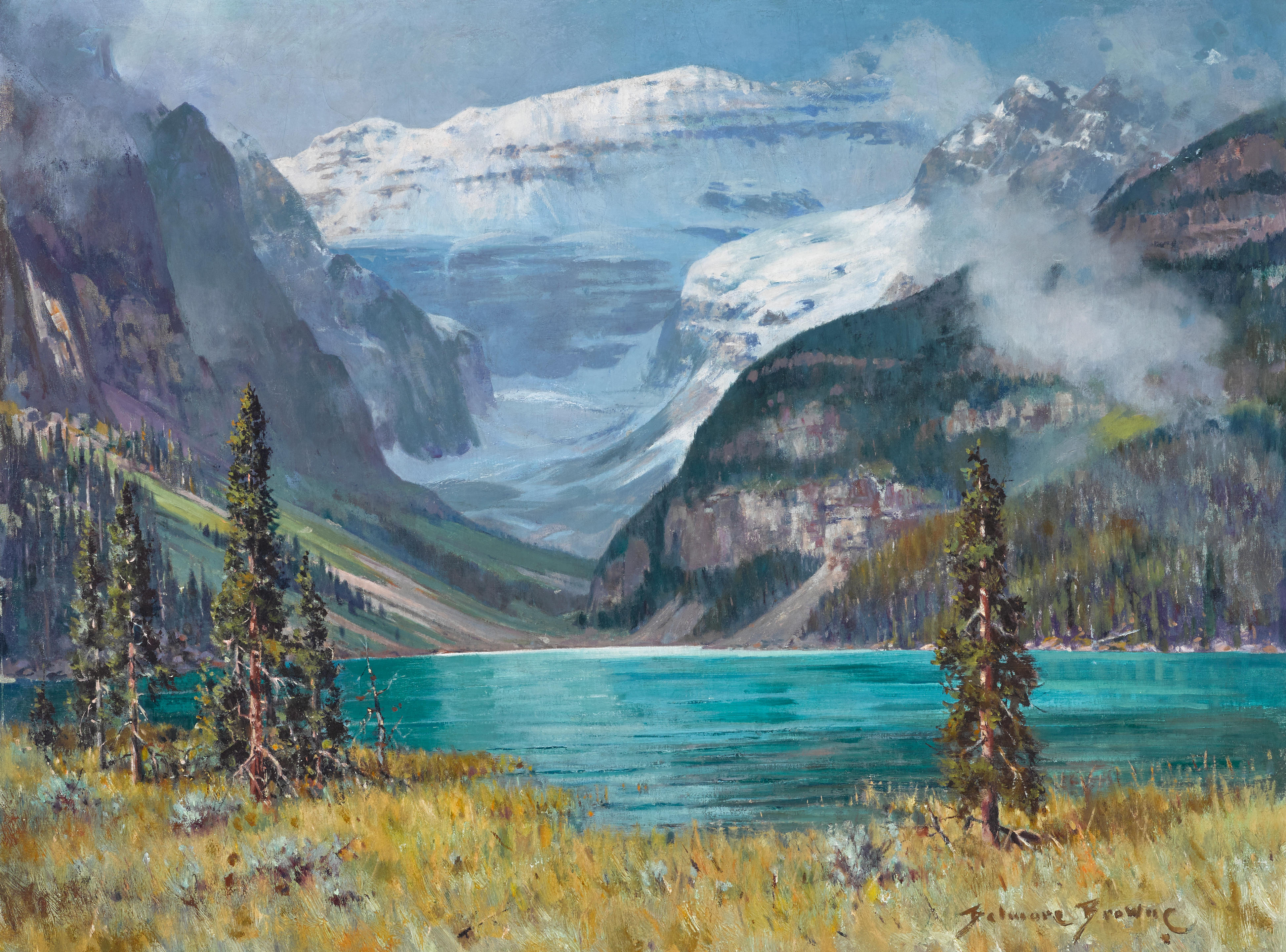 Appraisal: BELMORE BROWNE - Lake Louise Rising Clouds signed 'Belmore Browne'