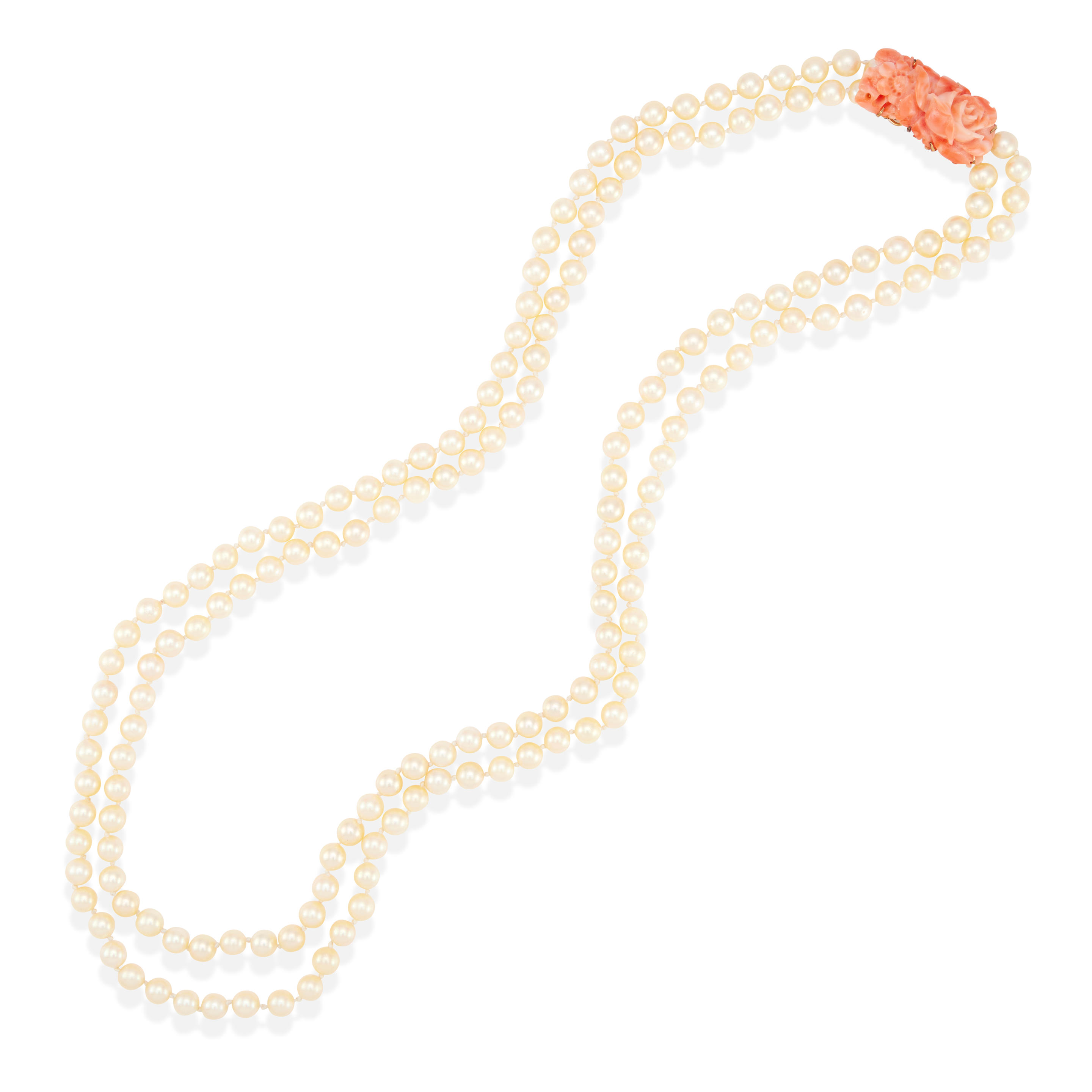 Appraisal: A CULTURED PEARL AND CORAL NECKLACE Gold-plated Numerous round cultured