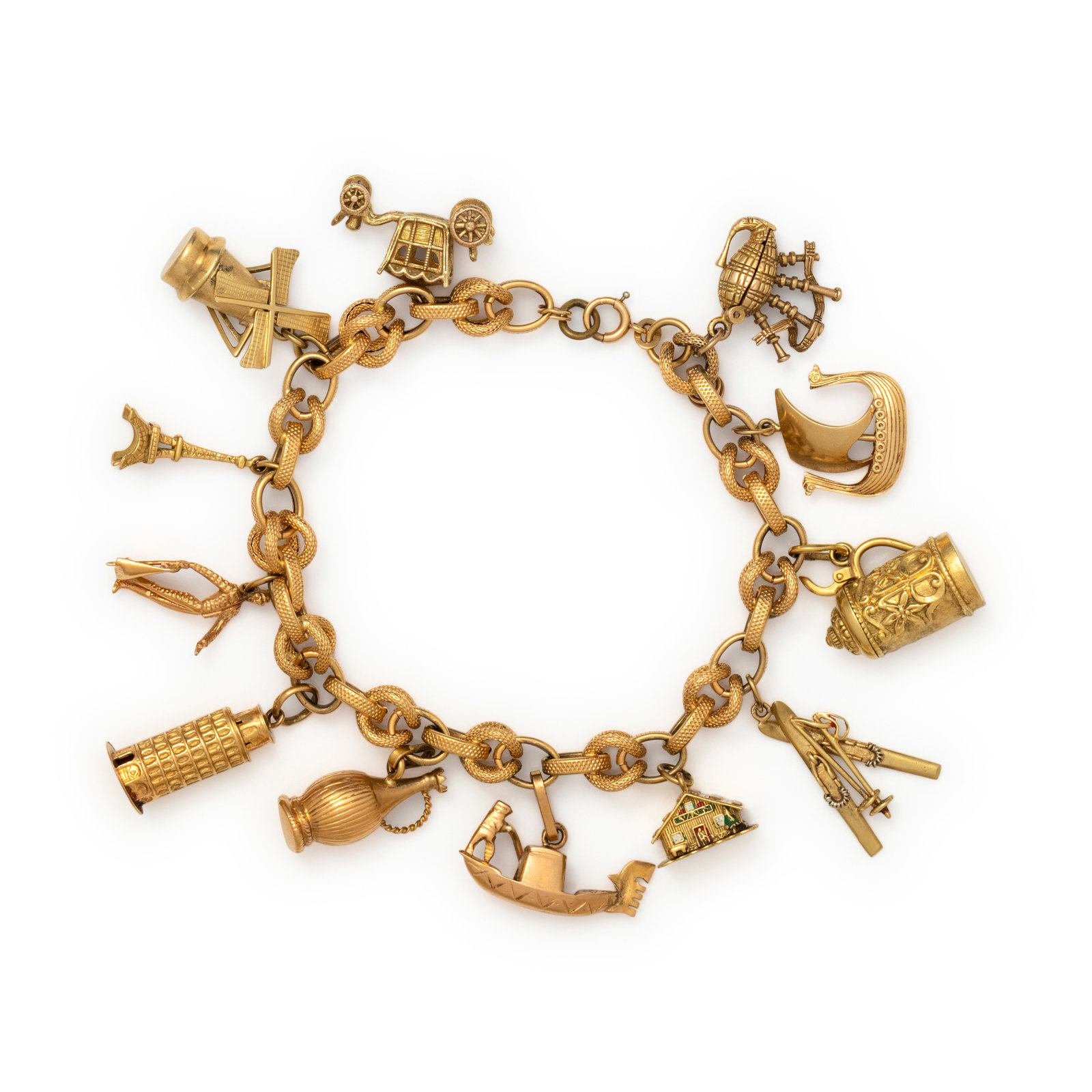 Appraisal: YELLOW GOLD CHARM BRACELET Consisting of a fancy link chain