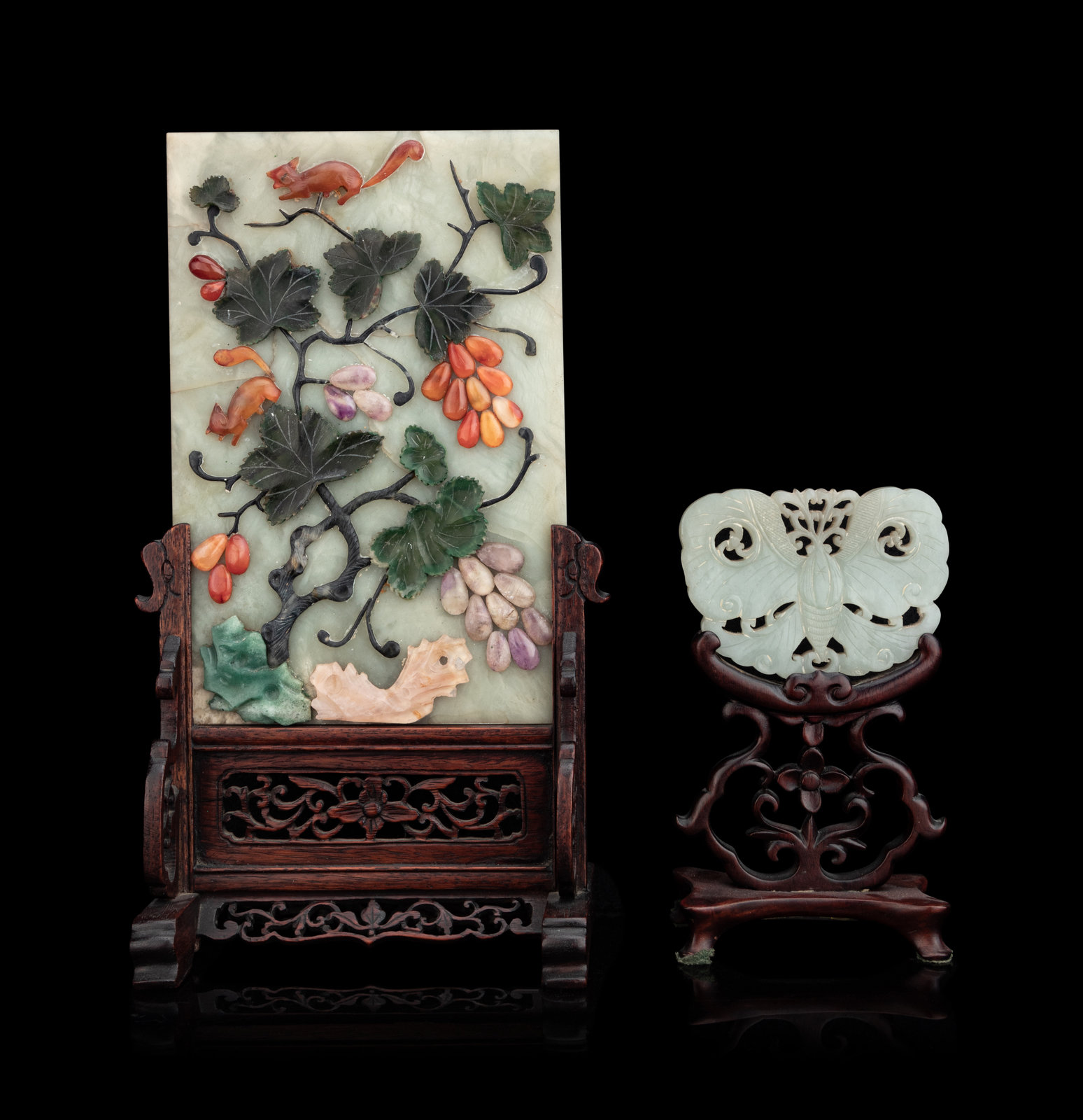 Appraisal: Two Chinese Jade and Hardstone Inset Table Screens LATE QING