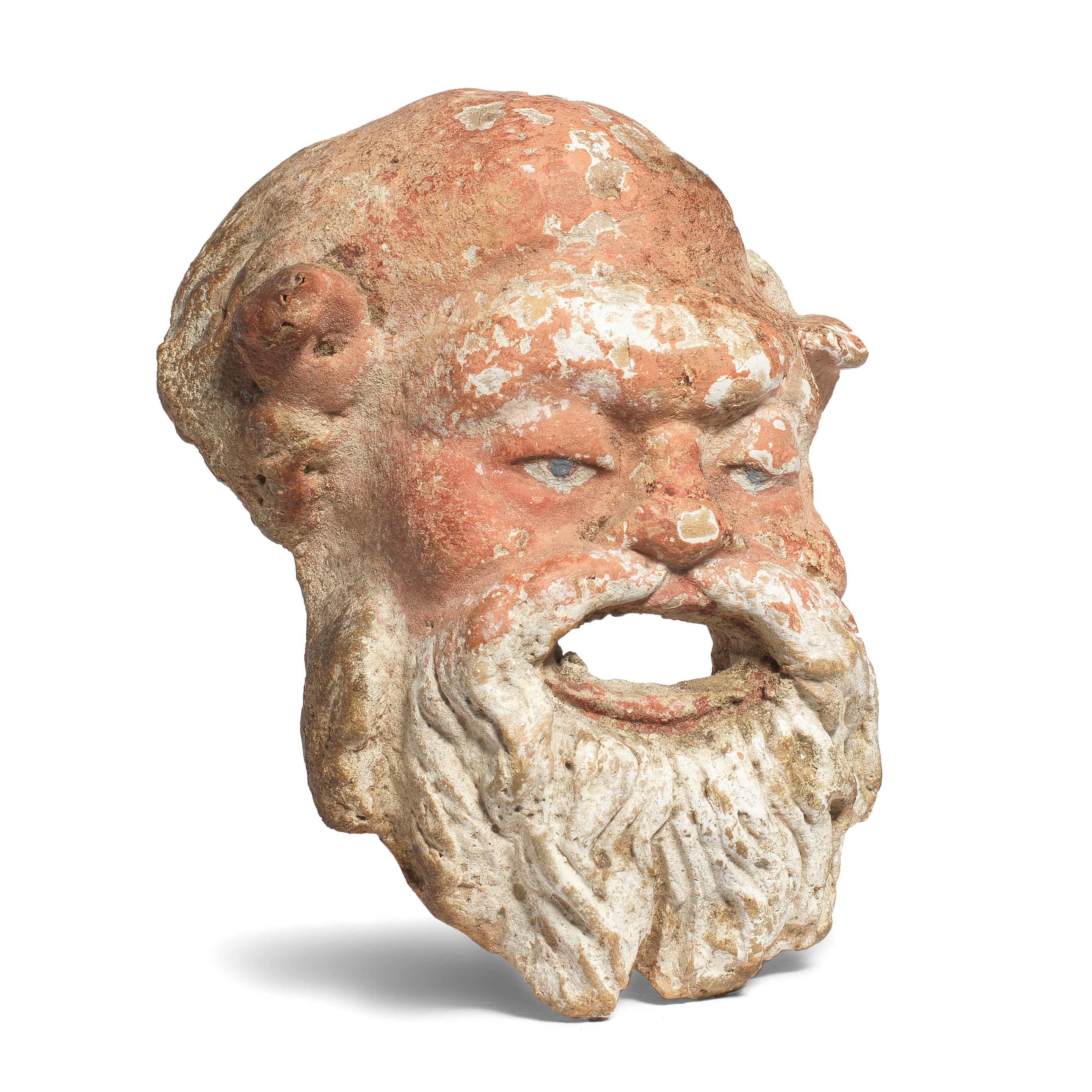 Appraisal: A SMALL GREEK POLYCHROME TERRACOTTA MASK OF A SATYR A