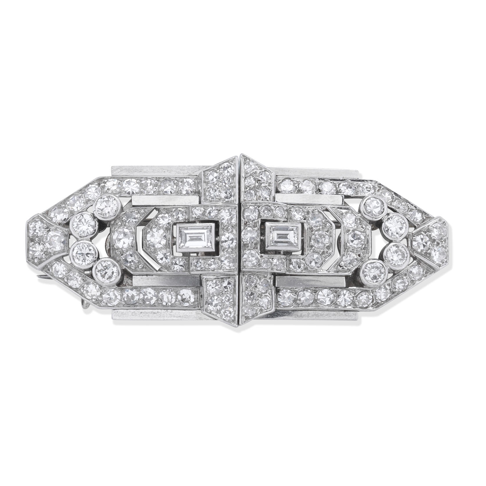 Appraisal: DIAMOND DOUBLE-CLIP BROOCH CIRCA Of geometric openwork design set with