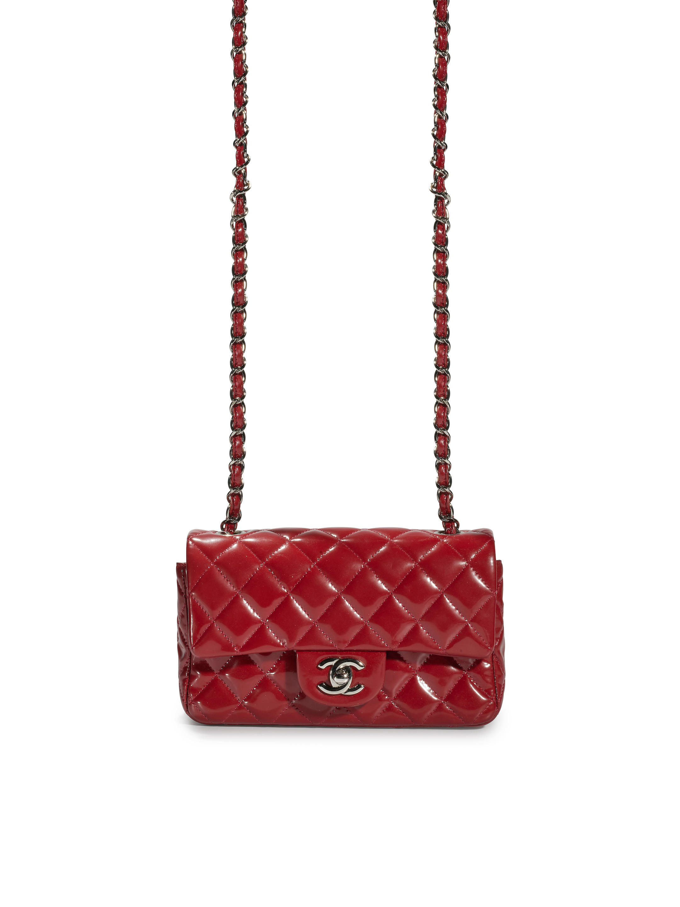 Appraisal: CHANEL BURGUNDY QUILTED PATENT MINI CLASSIC FLAP BAG WITH SILVER