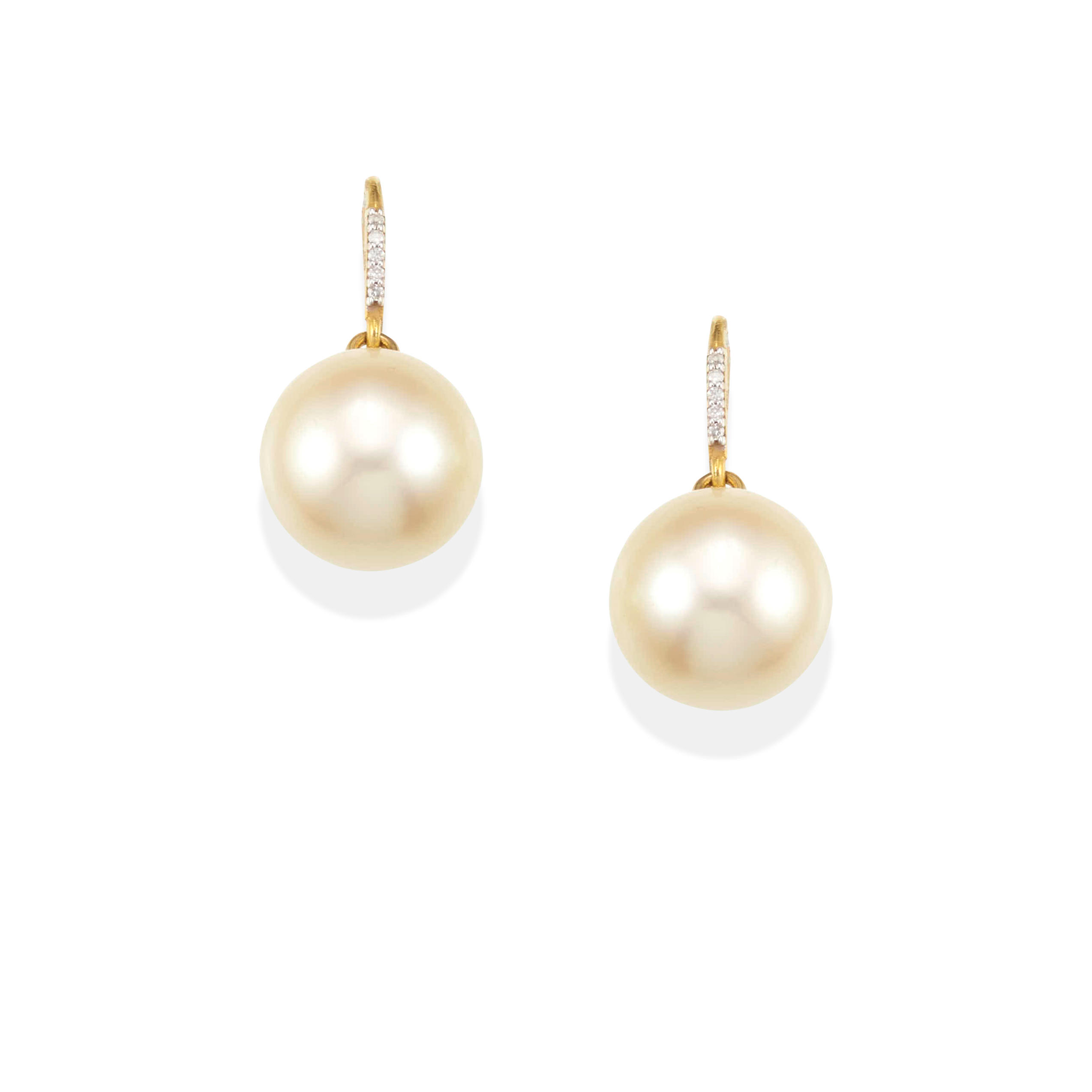 Appraisal: A PAIR OF GOLD CULTURED PEARL AND DIAMOND EARRINGS Cultured