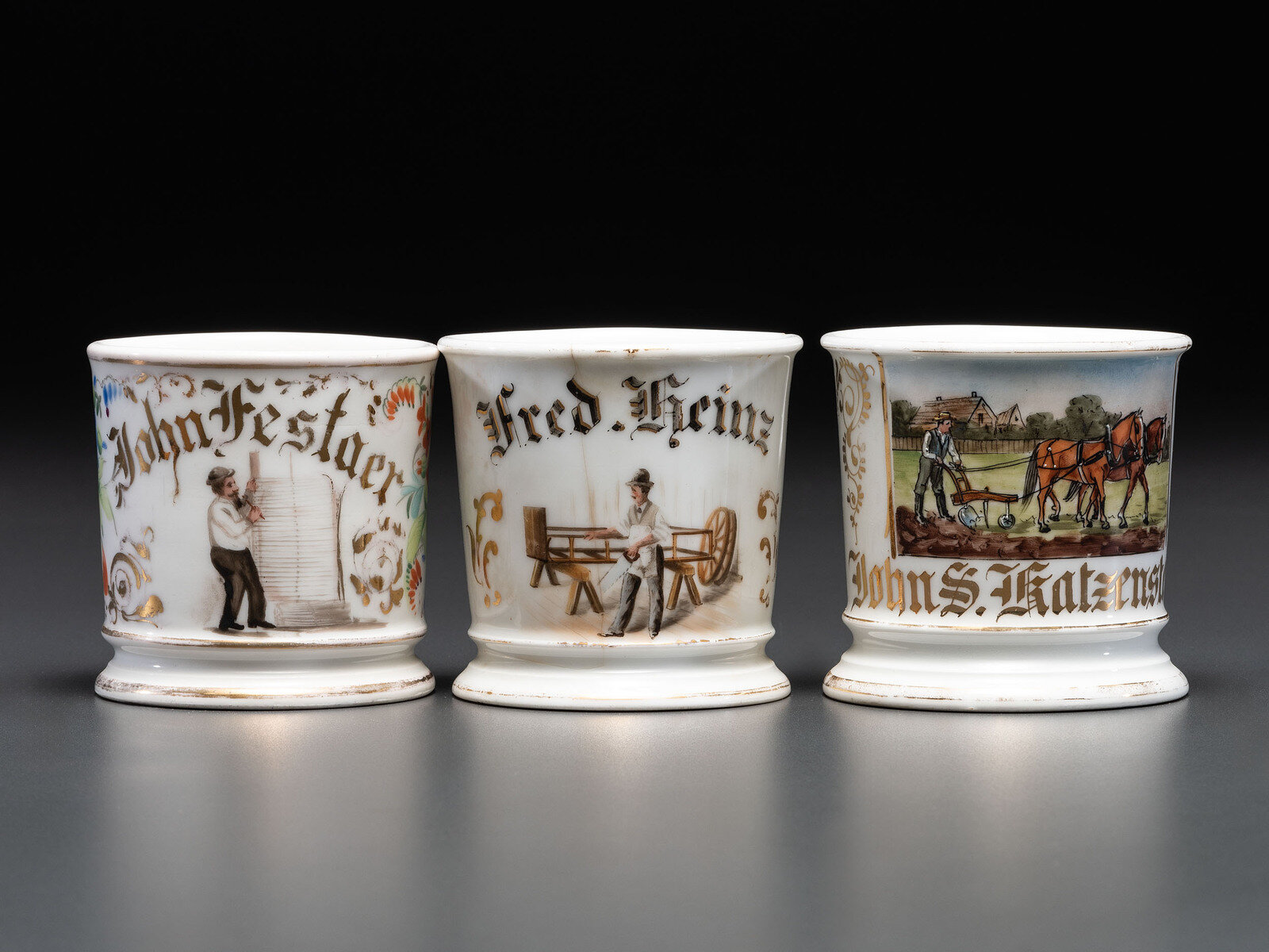 Appraisal: Three Porcelain Occupational Shaving Mugs Late th Early th Century