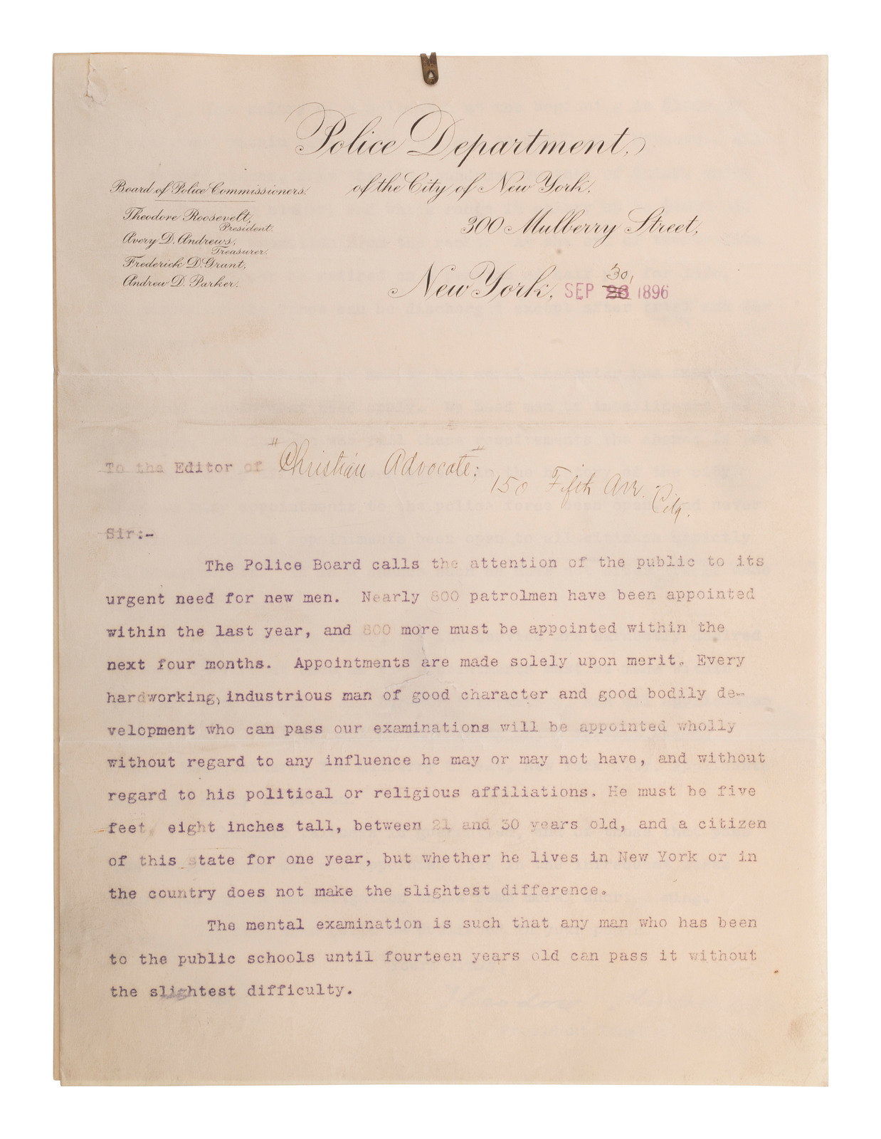 Appraisal: ROOSEVELT Theodore - Typed letter signed Theodore Roosevelt as Police