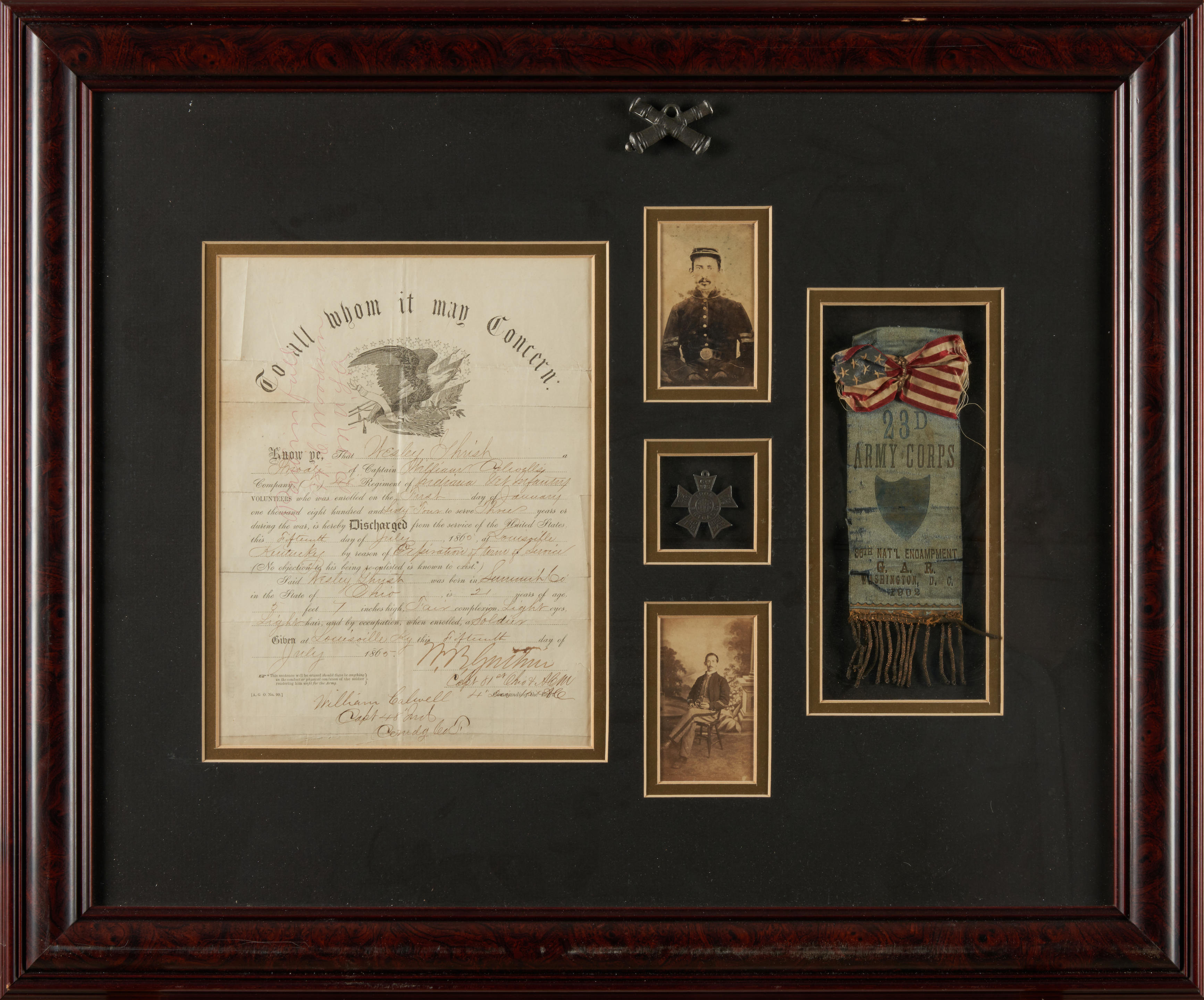 Appraisal: FRAMED IRON BRIGADE SOLDIER DISCHARGE FORM CDVS AND AN ENCAMPMENT